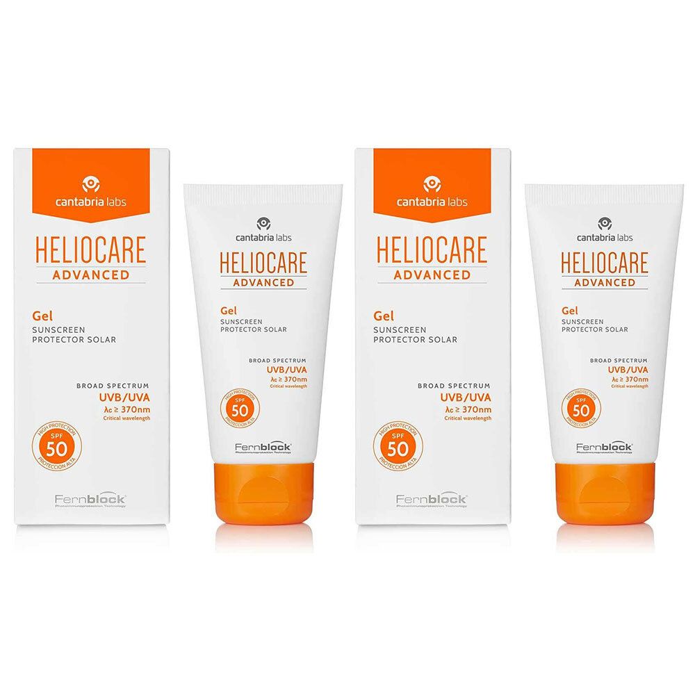 Zwei Tuben und zwei Schachteln mit Sonnencreme. Aufschrift: HELIOCARE ADVANCED Gel SPF 50. Orangefarbene Akzente.