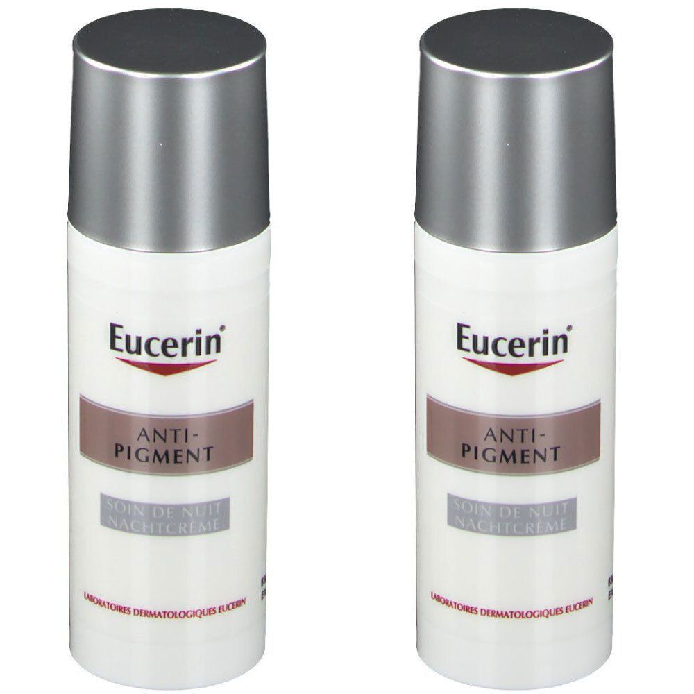 Zwei weiße Flaschen mit silbernen Deckeln. Aufschrift: Eucerin, Anti-Pigment, Nachtcreme. Dermatologische Labore.