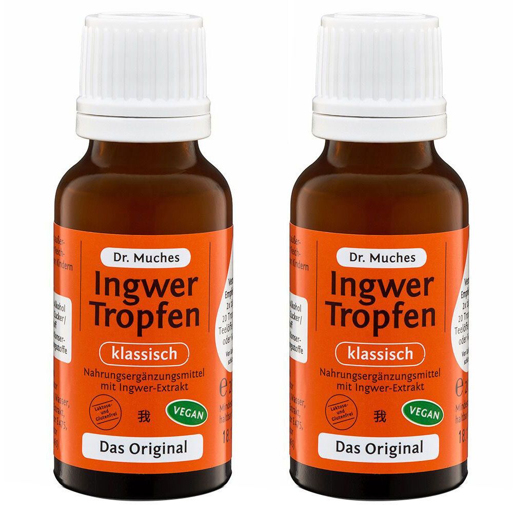 Zwei braune Glasflaschen mit weißen Deckeln und orangefarbenen Etiketten. Aufschrift: Dr. Muches Ingwer Tropfen, klassisch, vegan.