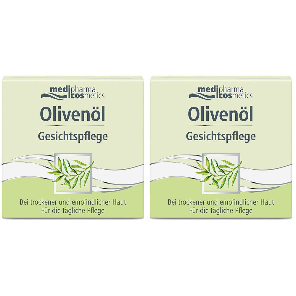 Zwei quadratische Kartonverpackungen. Aufschrift: Olivenöl Gesichtspflege. Logo: medipharma cosmetics. Text: Für trockene und empfindliche Haut.