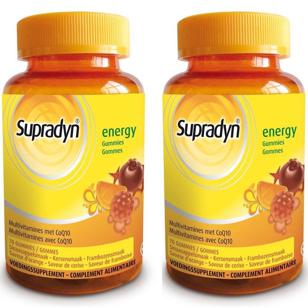 Zwei Flaschen Supradyn® energy Fruchtgummi. Gelbes Etikett mit Produktnamen und Frucht-Illustrationen. Orangefarbener Deckel.