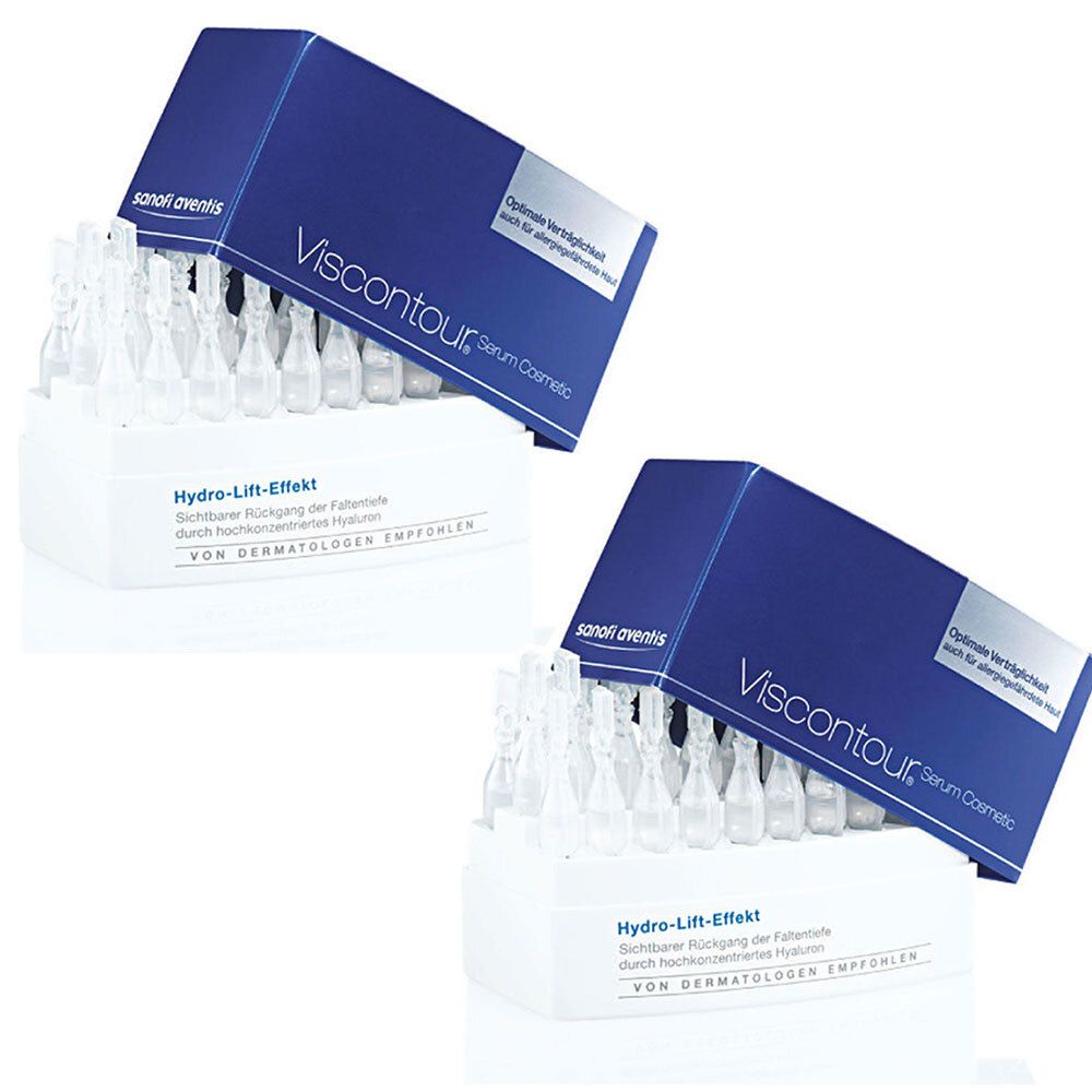 Zwei Packungen Viscontour Serum Cosmetic. Blaue Schachteln mit Ampullen in weißer Halterung. Schriftzug: Hydro-Lift-Effekt.