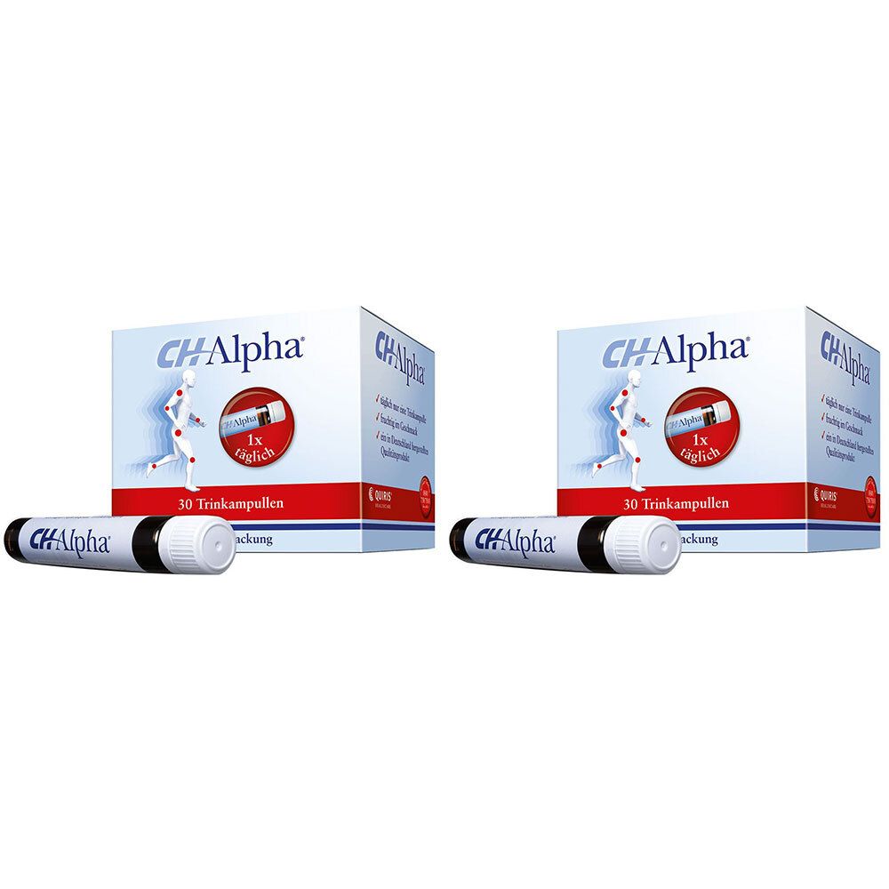 Deux boîtes de CH-Alpha Trinkampullen et deux ampoules. Sur les boîtes, on lit CH-Alpha, 30 Trinkampullen et un sceau rouge.