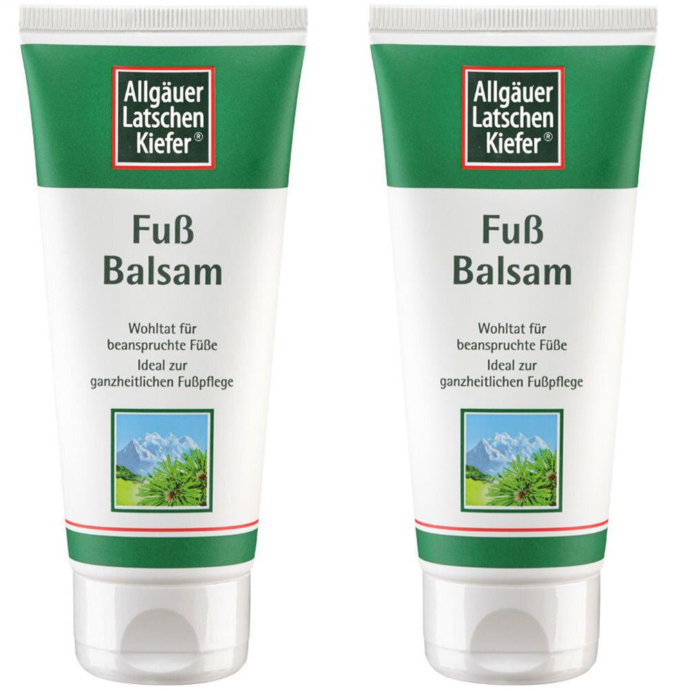 Zwei Tuben Fußbalsam. Grün-weißes Design mit Produktnamen und Logo. Text: Wohltat für beanspruchte Füße.