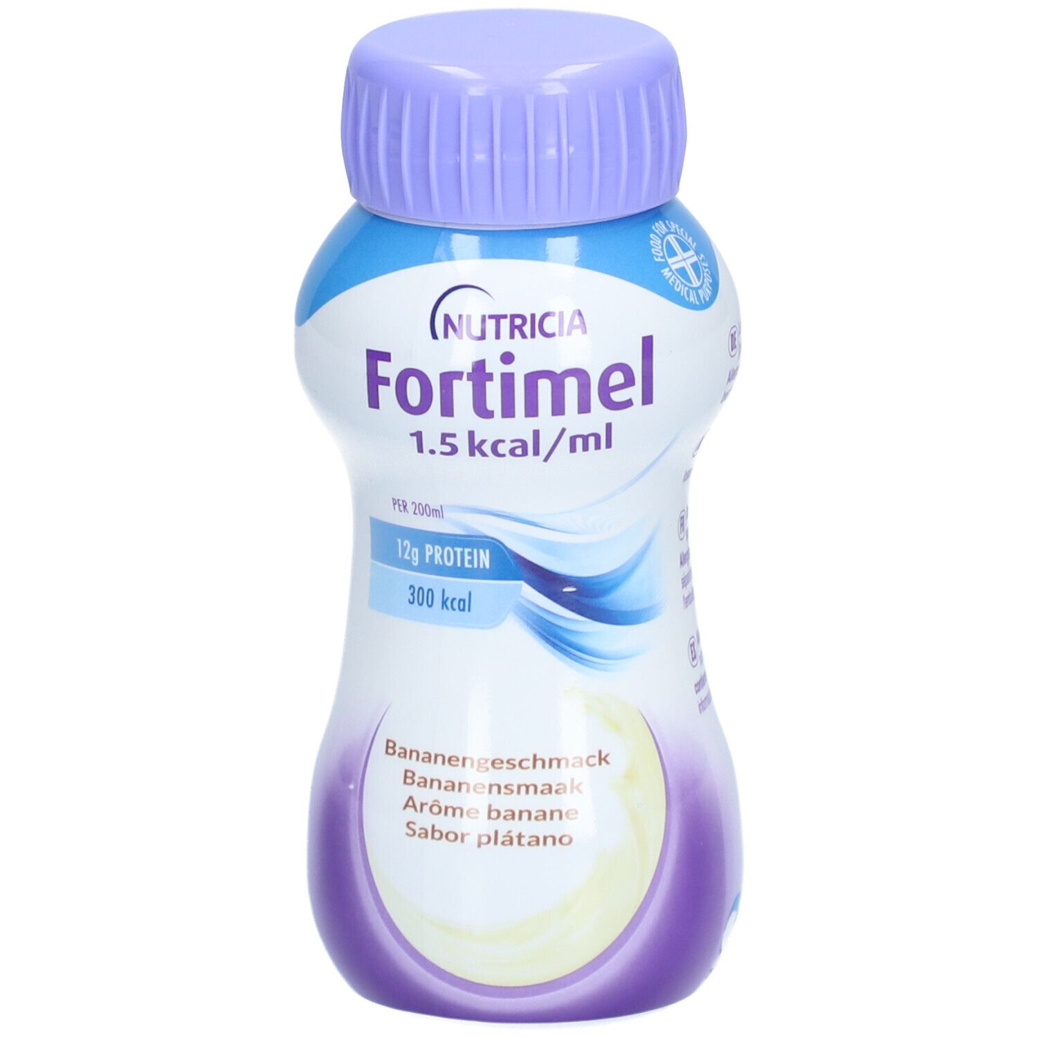 Fortimel Energy Banane Flasche. Weiß-blaues Etikett mit Produktnamen und Nährwertangaben. Lila Verschluss.
