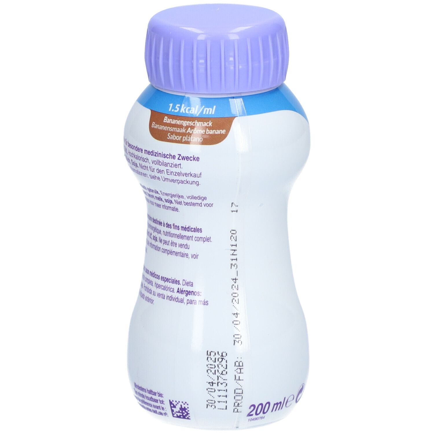 Fortimel Energy Banane Flasche. Rückseite mit Produktinformationen, Haltbarkeitsdatum und Chargennummer. Lila Verschluss.