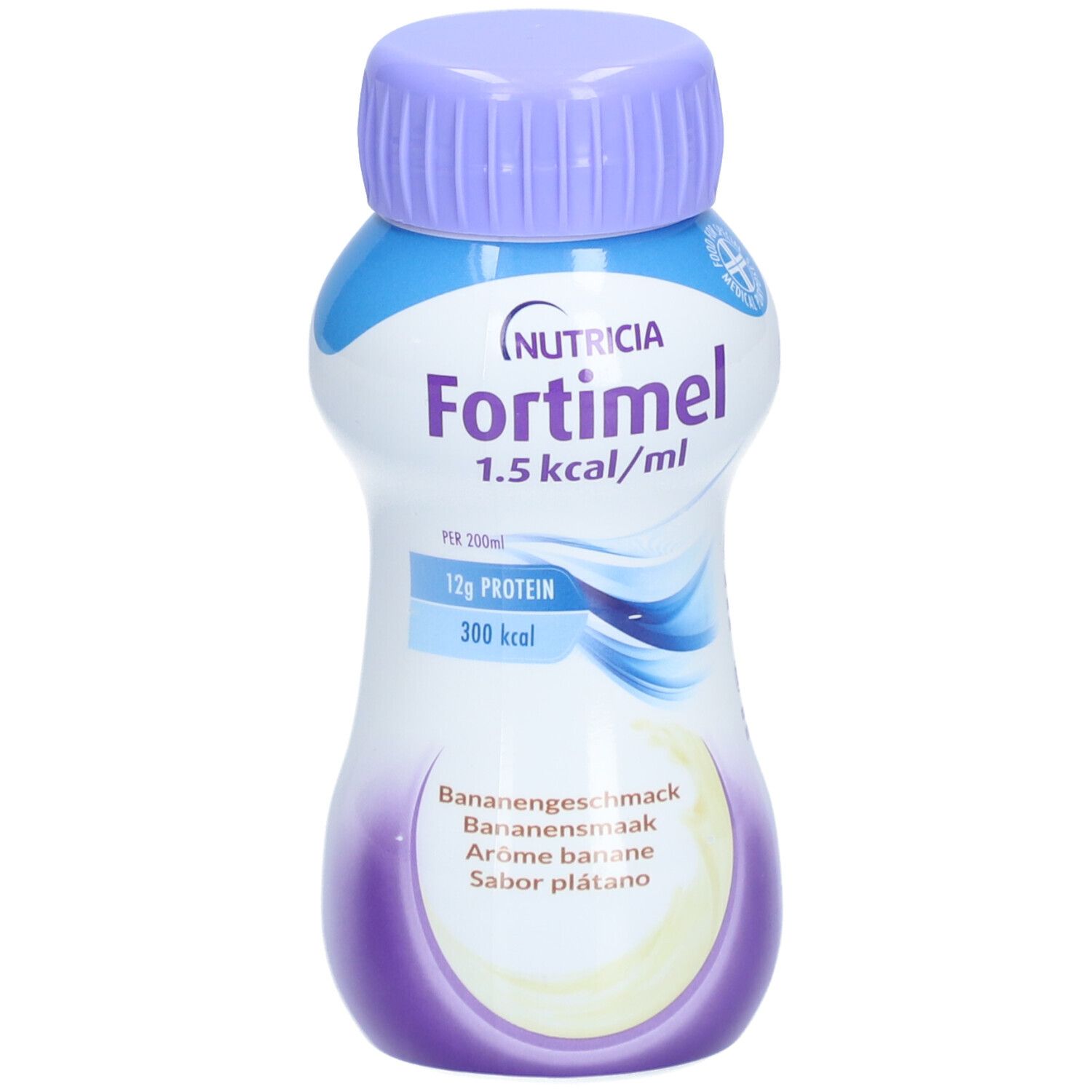 Fortimel Energy Banane Flasche. Weiß-blaues Etikett mit Produktnamen und Nährwertangaben. Lila Verschluss.