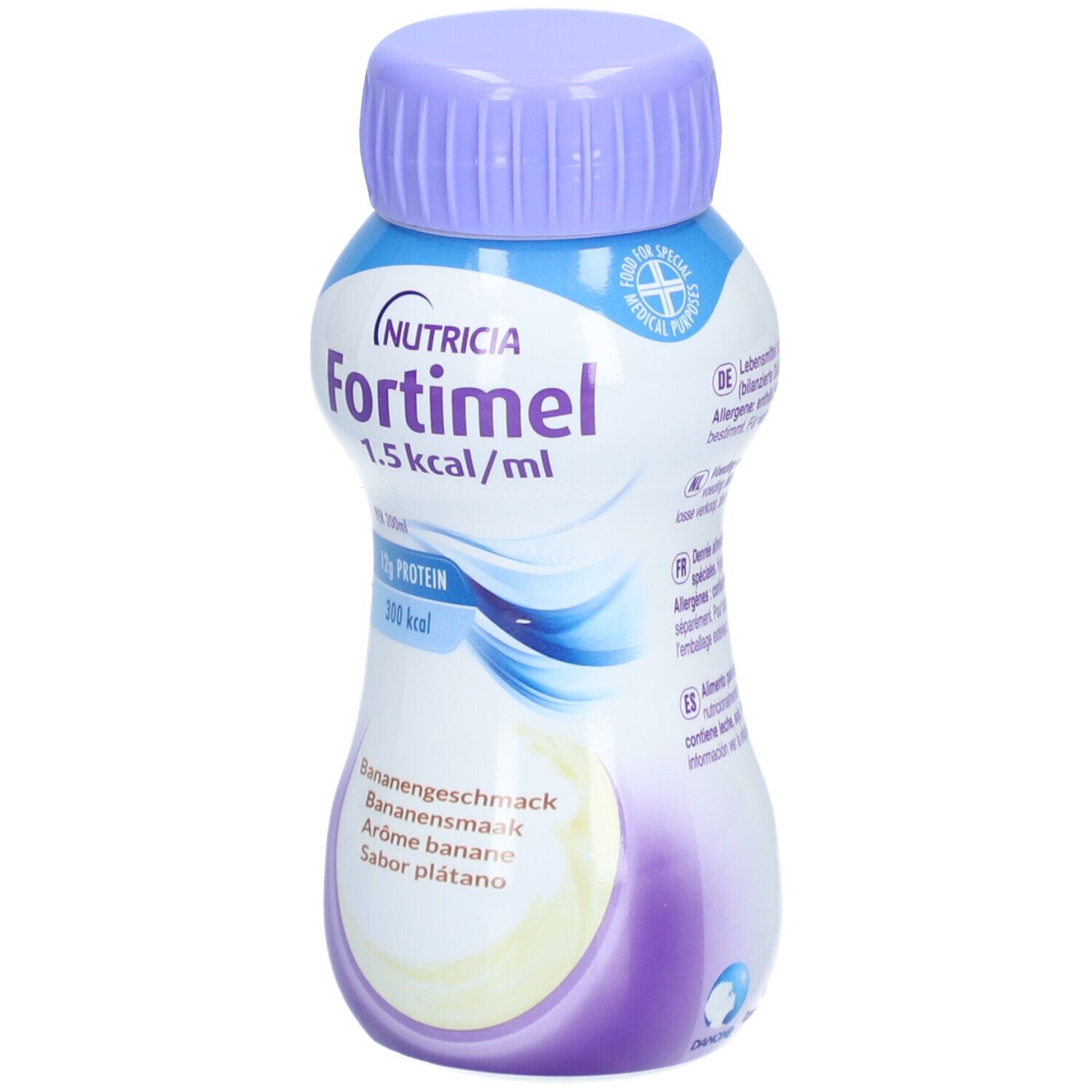 Fortimel Energy Banane Flasche. Weiß-blaues Etikett mit Produktnamen und Nährwertangaben. Lila Verschluss.