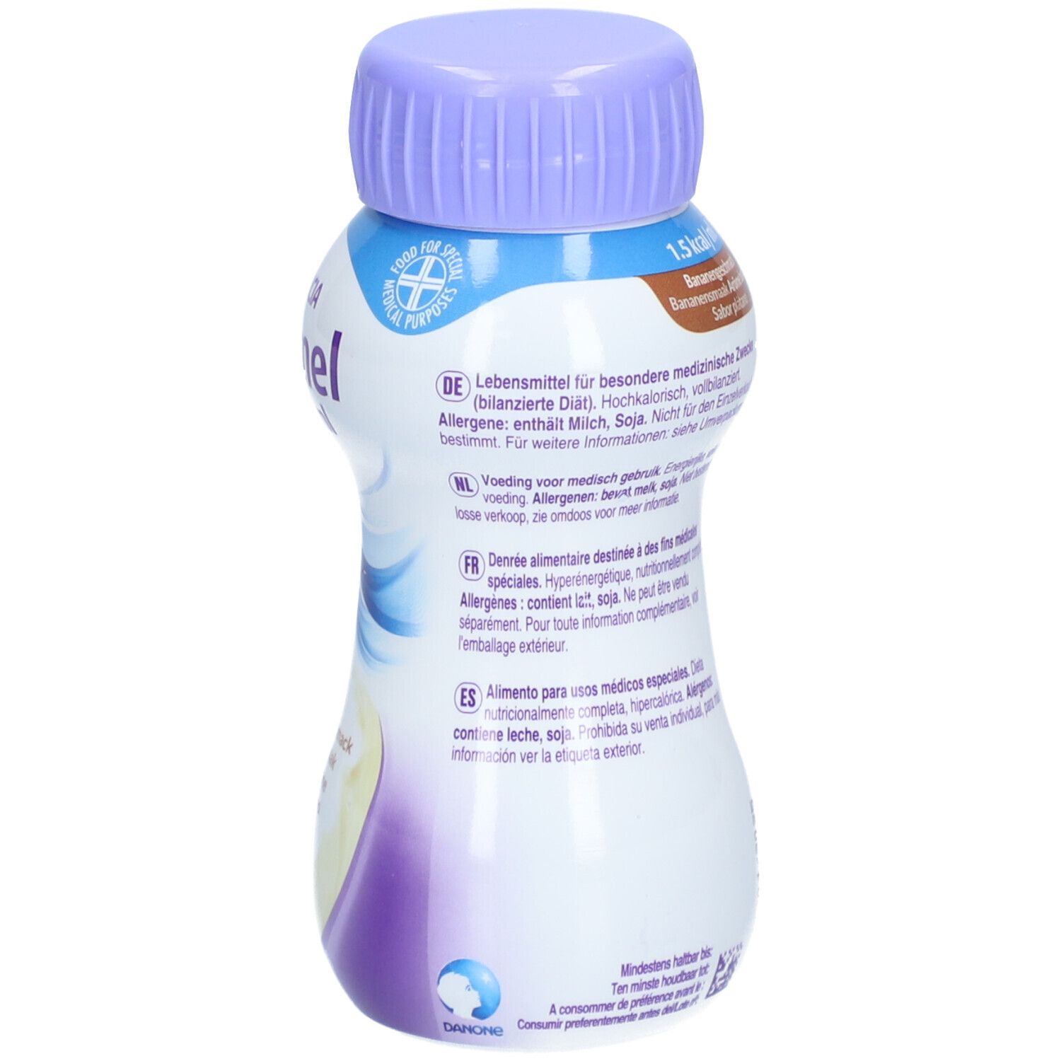 Fortimel Energy Banane Flasche. Rückseite mit Produktinformationen, Inhaltsstoffen und Allergenhinweisen. Lila Verschluss.