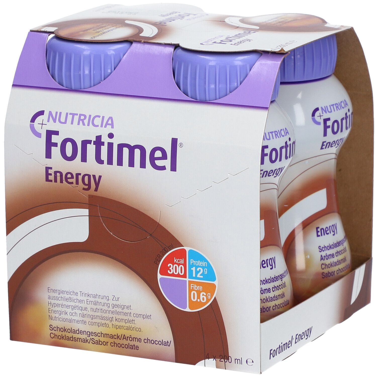 Packung mit vier Flaschen Fortimel Energy Schokolade. Jede Flasche hat einen lila Deckel und ein braunes Etikett. Die Verpackung zeigt Nährwertangaben.