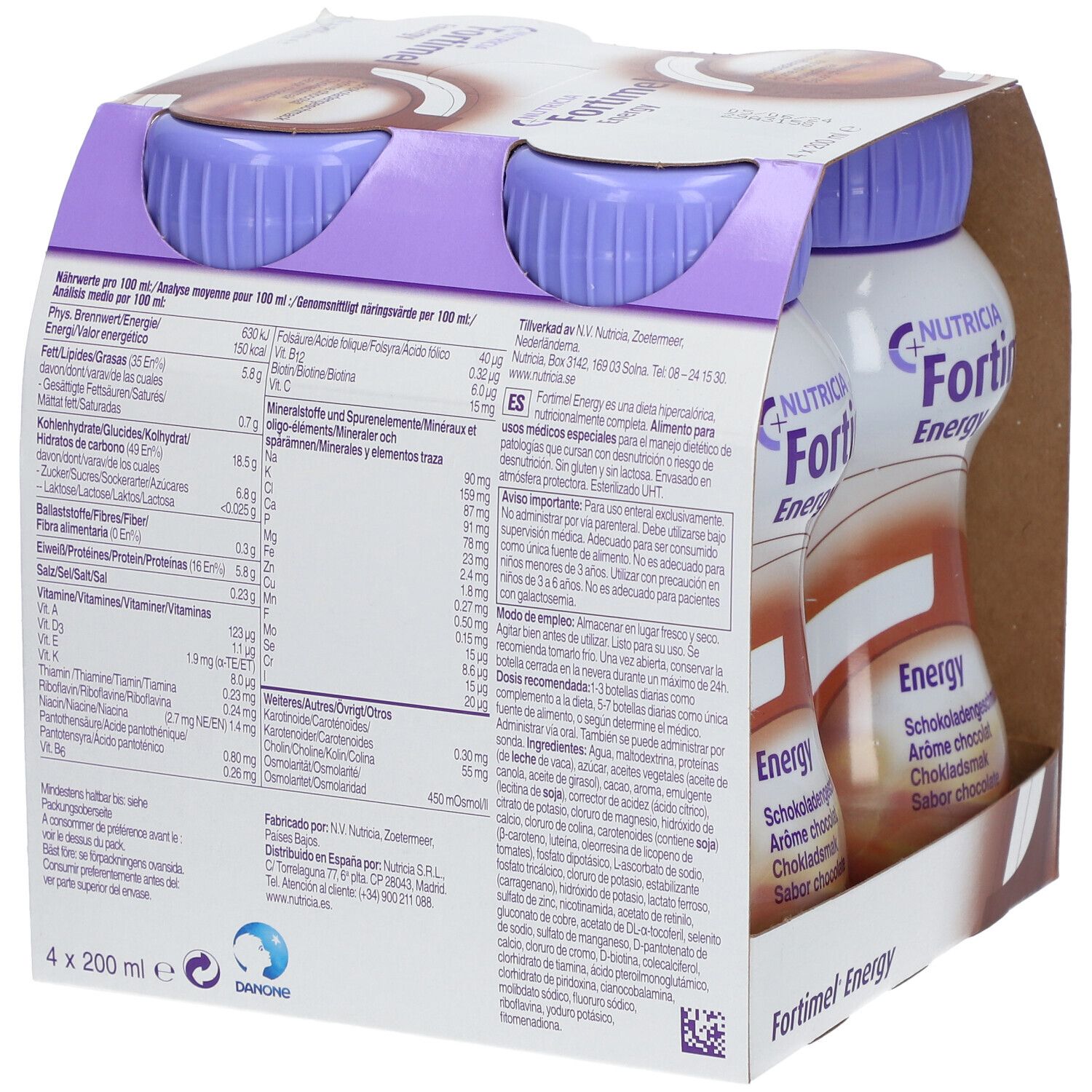 Rückseite der Verpackung von Fortimel Energy Schokolade. Enthält Nährwertangaben, Herstellerinformationen und Warnhinweise in mehreren Sprachen.