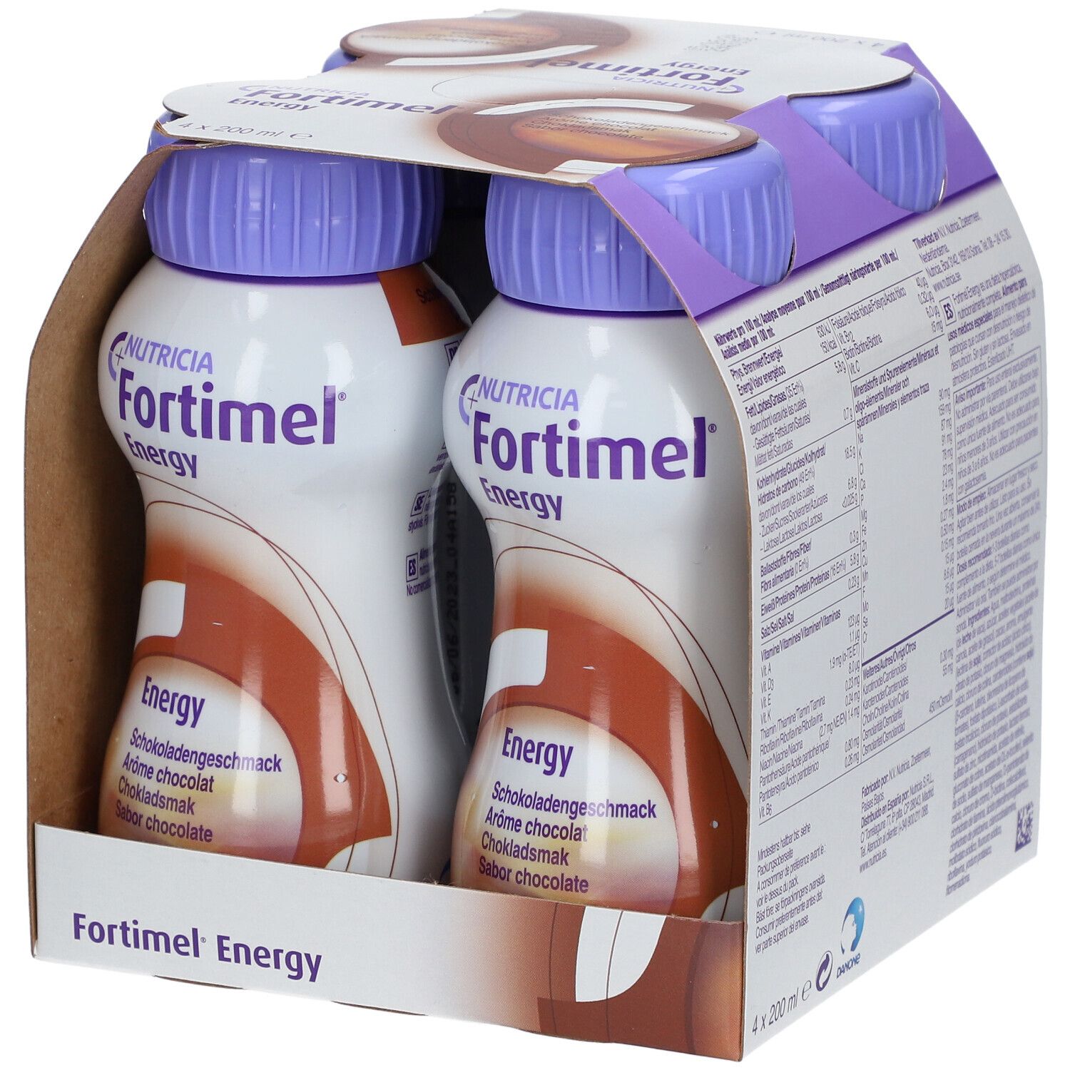 Packung mit zwei Flaschen Fortimel Energy Schokolade. Jede Flasche hat einen lila Deckel und ein braunes Etikett. Die Verpackung ist teilweise geöffnet.
