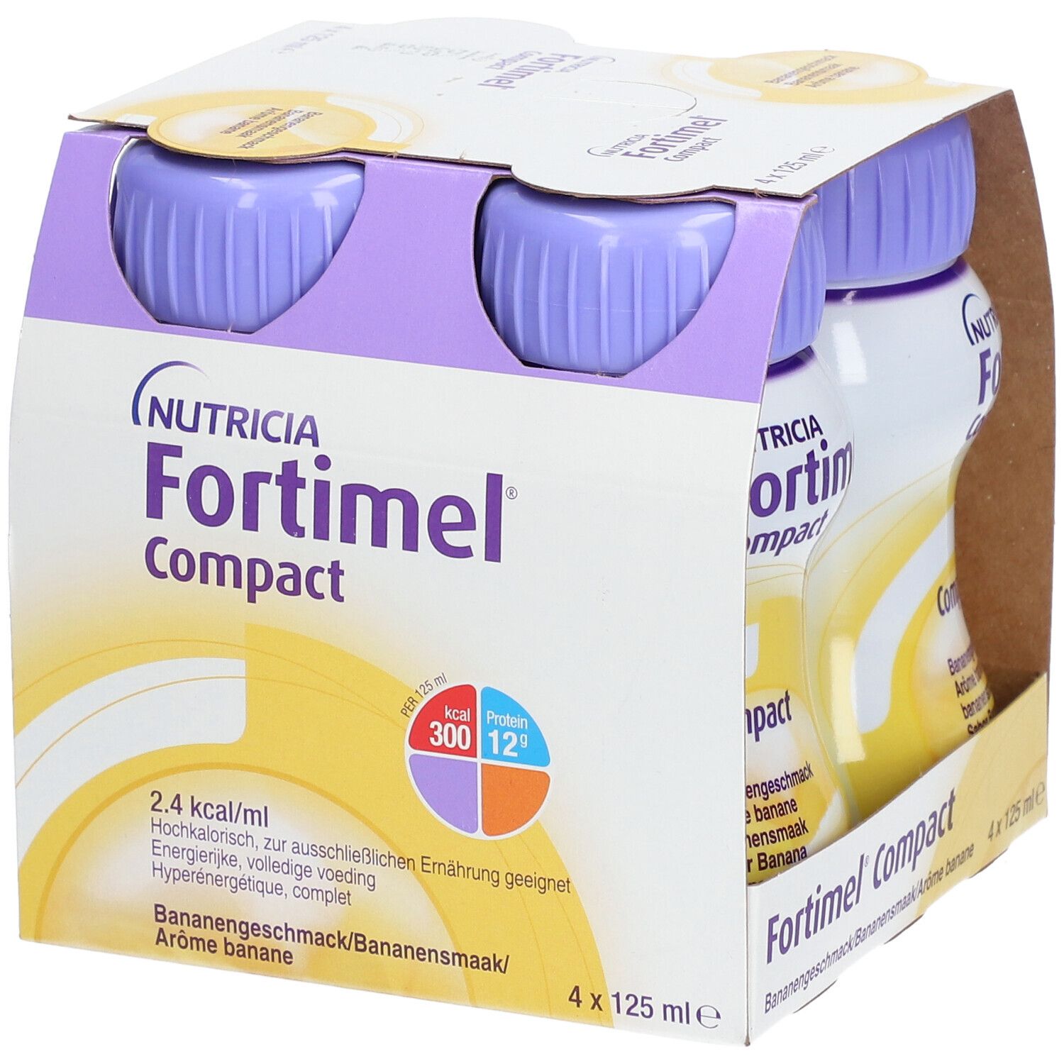 Packung mit vier Flaschen Fortimel Compact. Jede Flasche hat einen lila Deckel und gelbes Etikett. Aufdruck: Bananengeschmack.