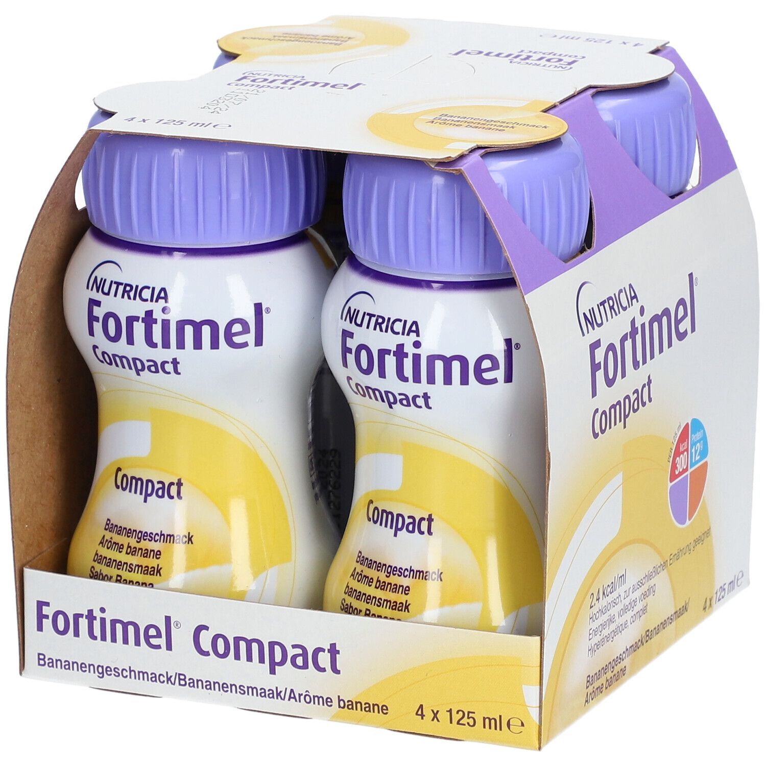 Packung mit vier Flaschen Fortimel Compact. Lila Deckel, gelbes Etikett. Aufdruck: Bananengeschmack. 4 x 125 ml.
