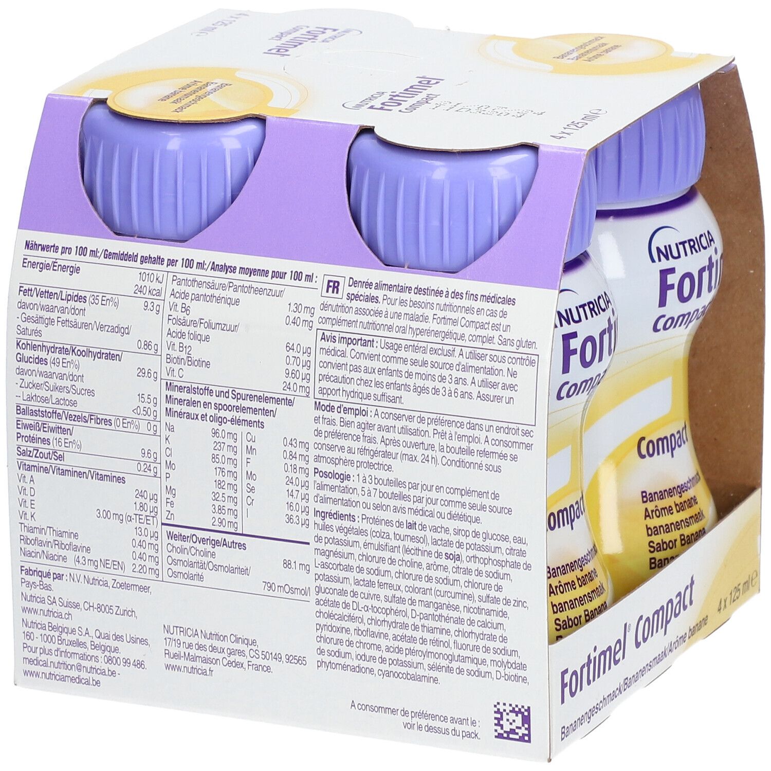 Packung mit vier Flaschen Fortimel Compact. Detailansicht der Nährwertangaben. Aufdruck: Bananengeschmack. 4 x 125 ml.
