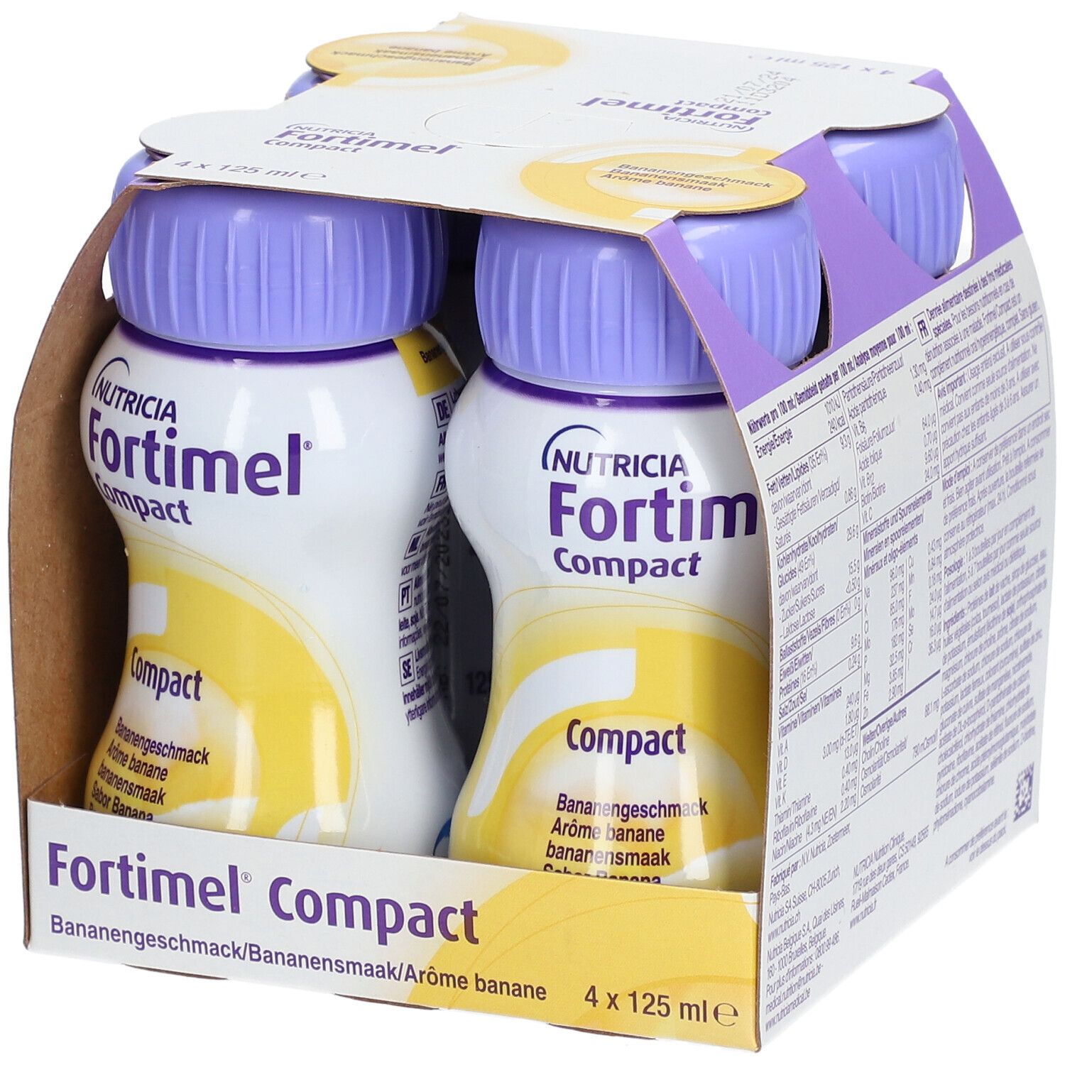 Packung mit vier Flaschen Fortimel Compact. Lila Deckel, gelbes Etikett. Aufdruck: Bananengeschmack. 4 x 125 ml.