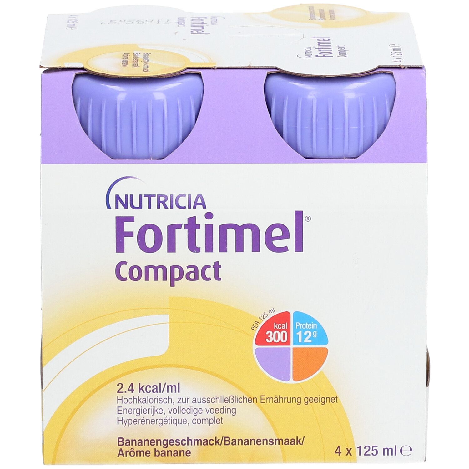 Zwei Flaschen Fortimel Compact. Lila Deckel, gelbes Etikett. Aufdruck: Bananengeschmack. 4 x 125 ml. Nährwertangaben.