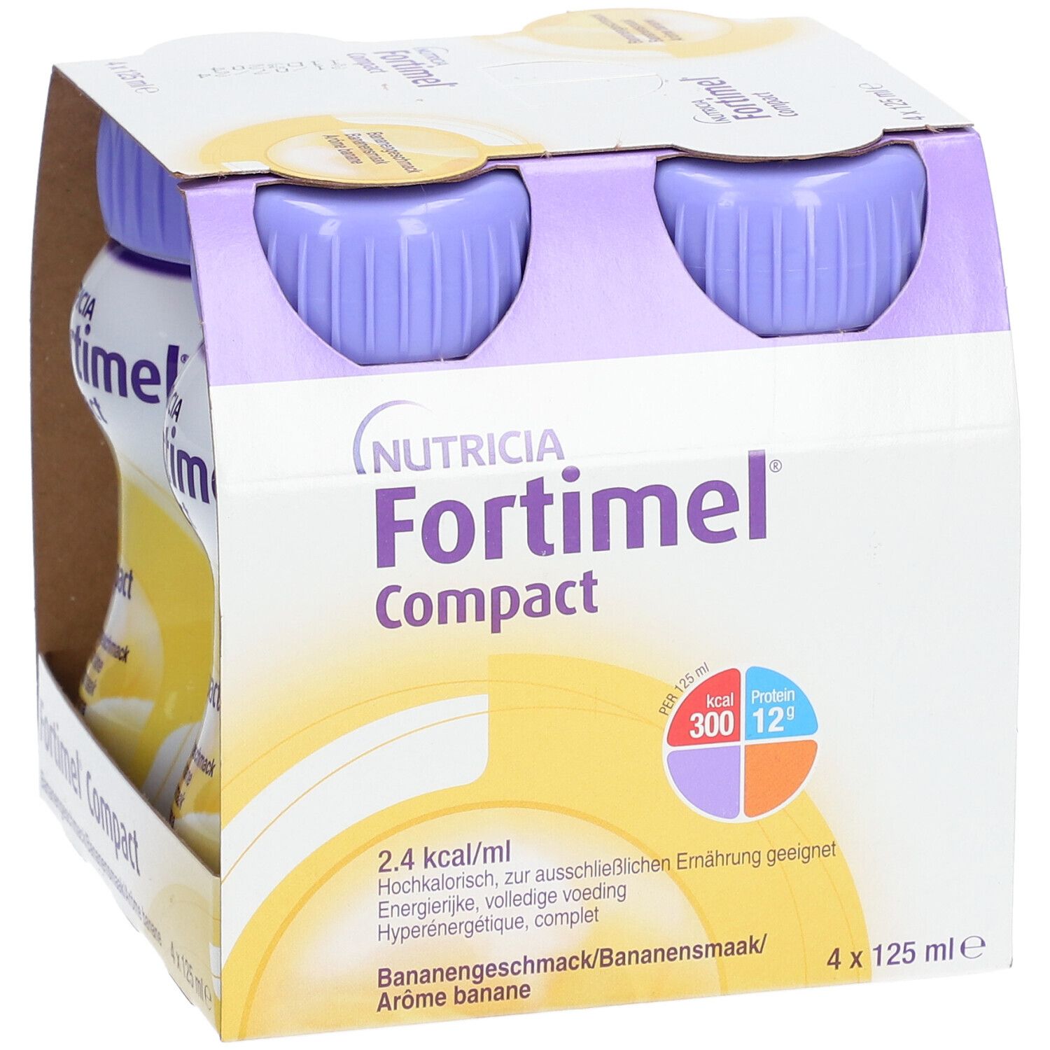 Packung mit vier Flaschen Fortimel Compact. Lila Deckel, gelbes Etikett. Aufdruck: Bananengeschmack. 4 x 125 ml.
