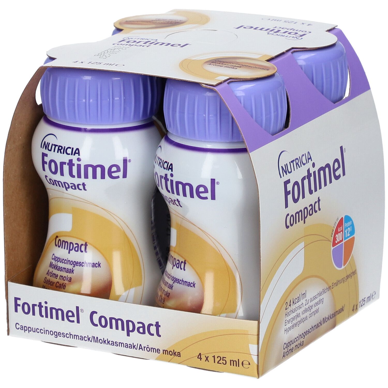 Packung mit vier Flaschen Fortimel Compact. Cappuccinogeschmack. Lila Deckel, weiße Flaschen mit braunen und blauen Akzenten. 4 x 125 ml.