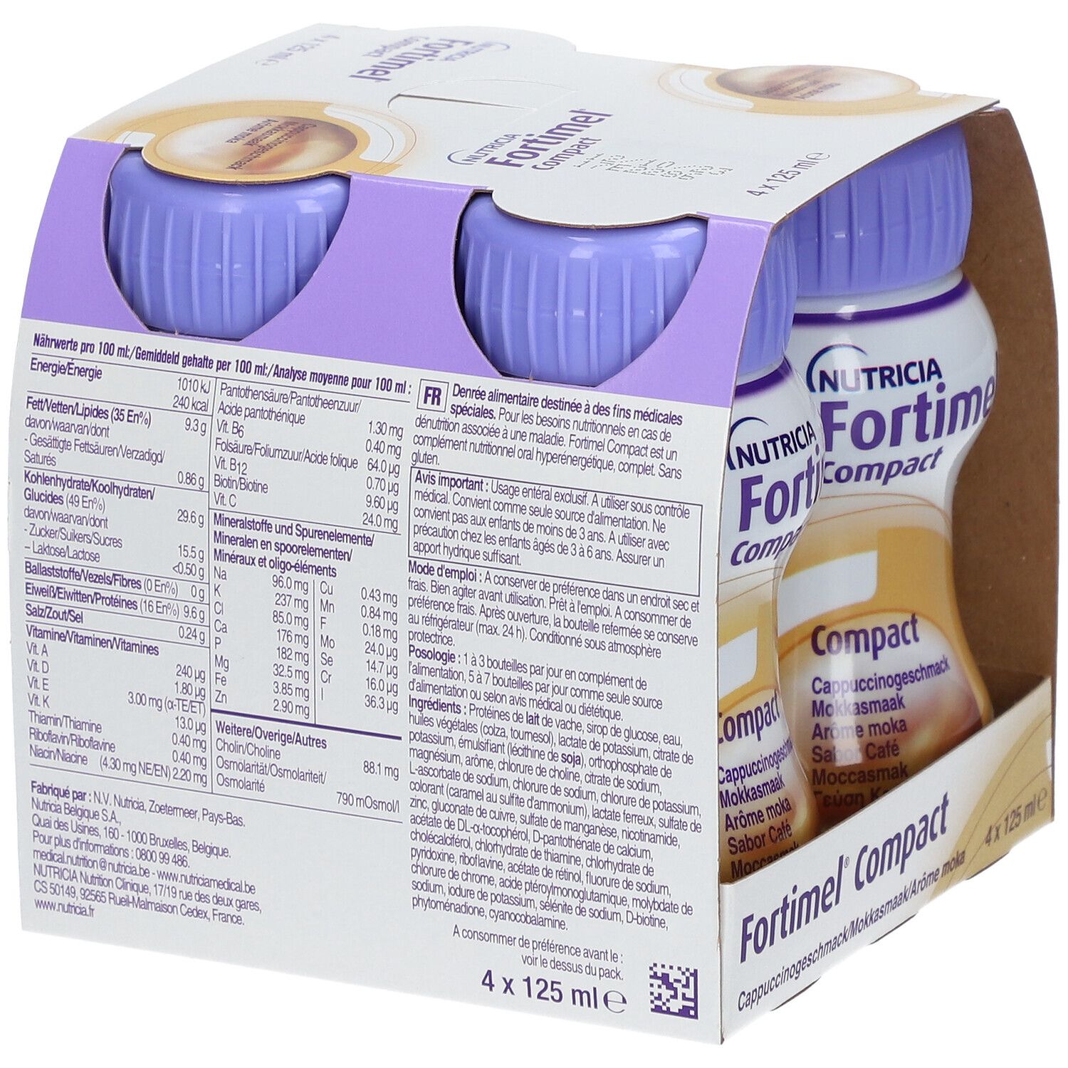 Rückseite der Packung mit vier Flaschen Fortimel Compact. Nährwertangaben und Inhaltsstoffe. 4 x 125 ml.