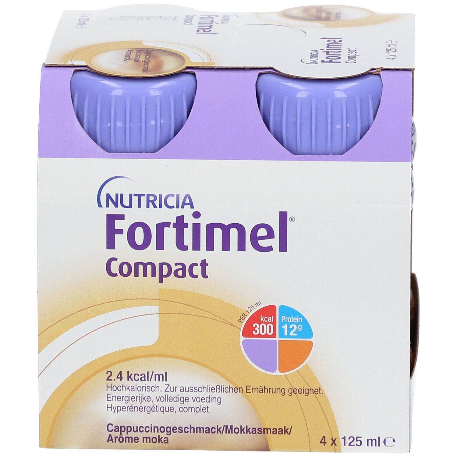 Packung mit zwei Flaschen Fortimel Compact. Cappuccinogeschmack. Lila Deckel, weiße Flaschen mit braunen und blauen Akzenten. 4 x 125 ml.