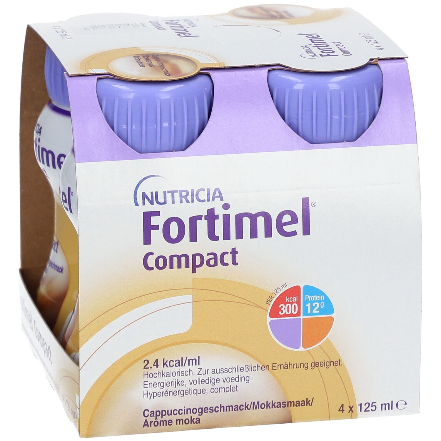 Packung mit zwei Flaschen Fortimel Compact. Cappuccinogeschmack. Lila Deckel, weiße Flaschen mit braunen und blauen Akzenten. 4 x 125 ml.