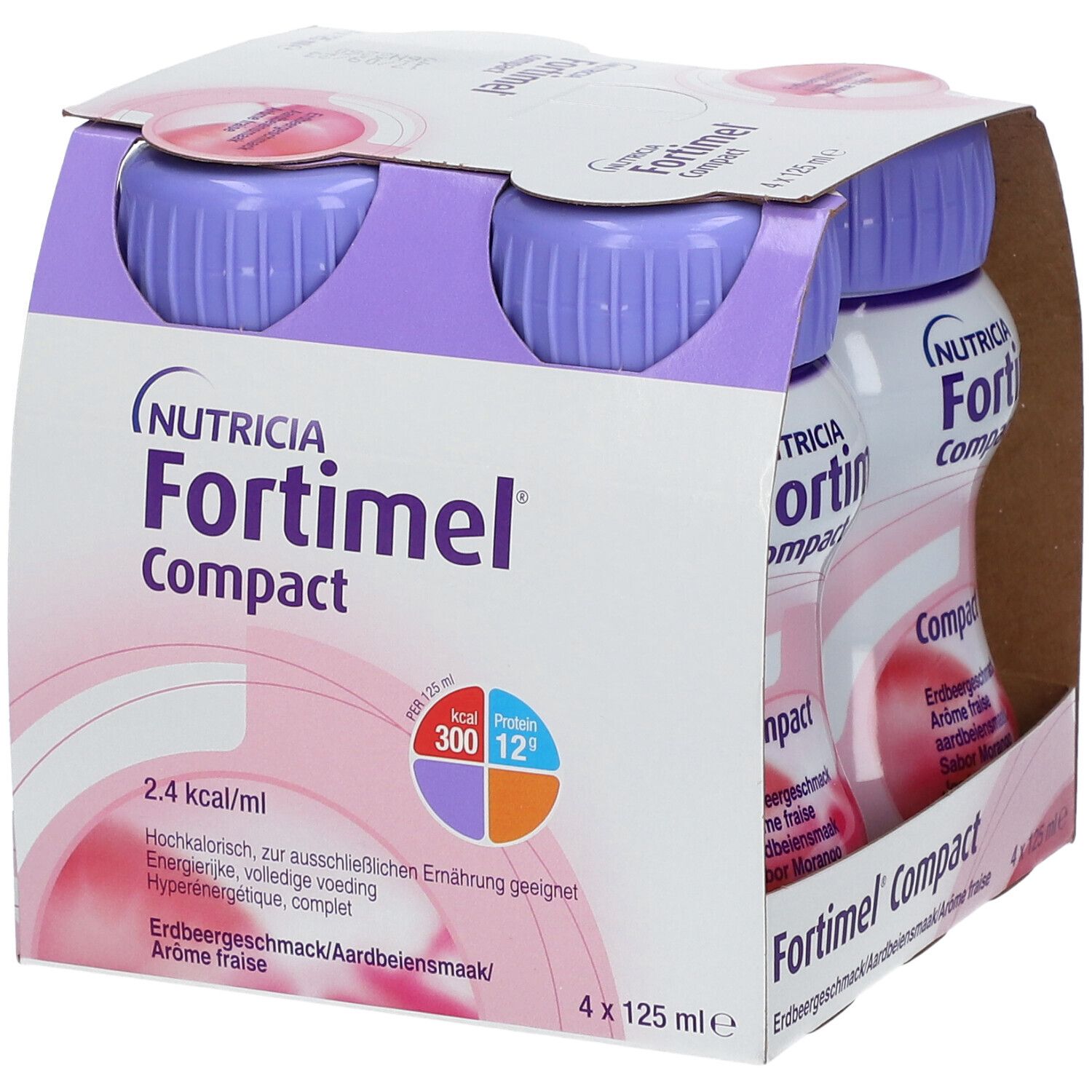 Emballage de quatre bouteilles Fortimel Compact. Bouteilles avec bouchons violets, étiquettes roses. Goût fraise.