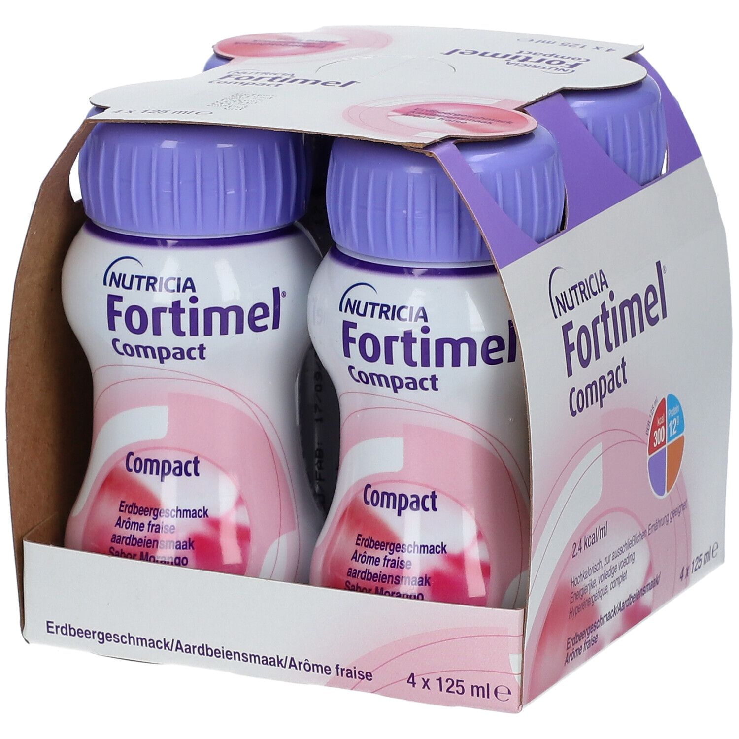 Emballage de quatre bouteilles Fortimel Compact. Bouteilles avec bouchons violets, étiquettes roses. Goût fraise.