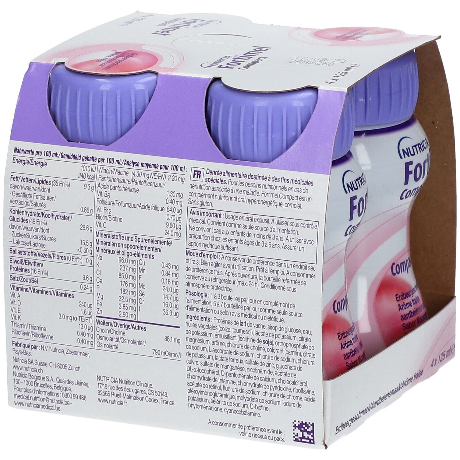 Dos de l'emballage de quatre bouteilles Fortimel Compact. Informations nutritionnelles et mode d'emploi.