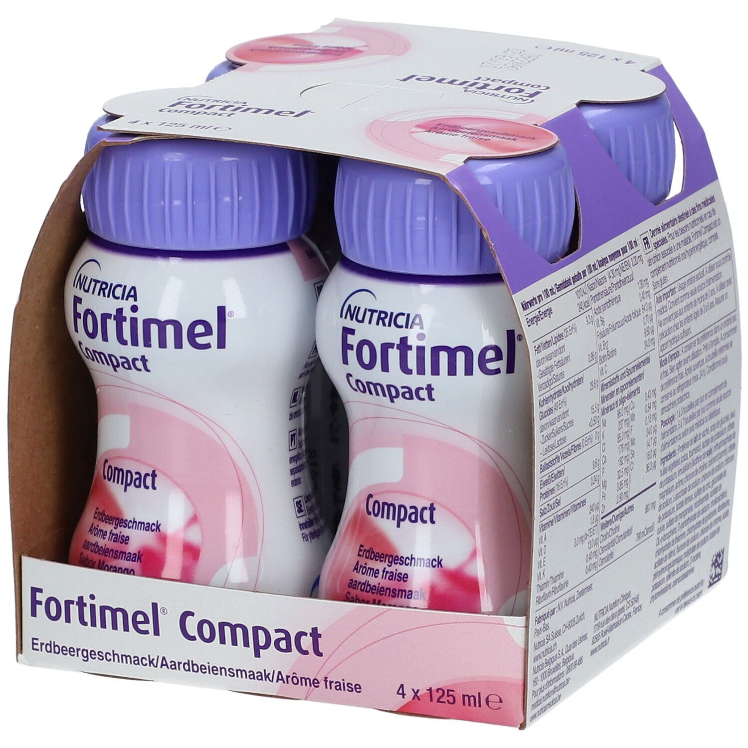 Emballage de quatre bouteilles Fortimel Compact. Bouteilles avec bouchons violets, étiquettes roses. Goût fraise.