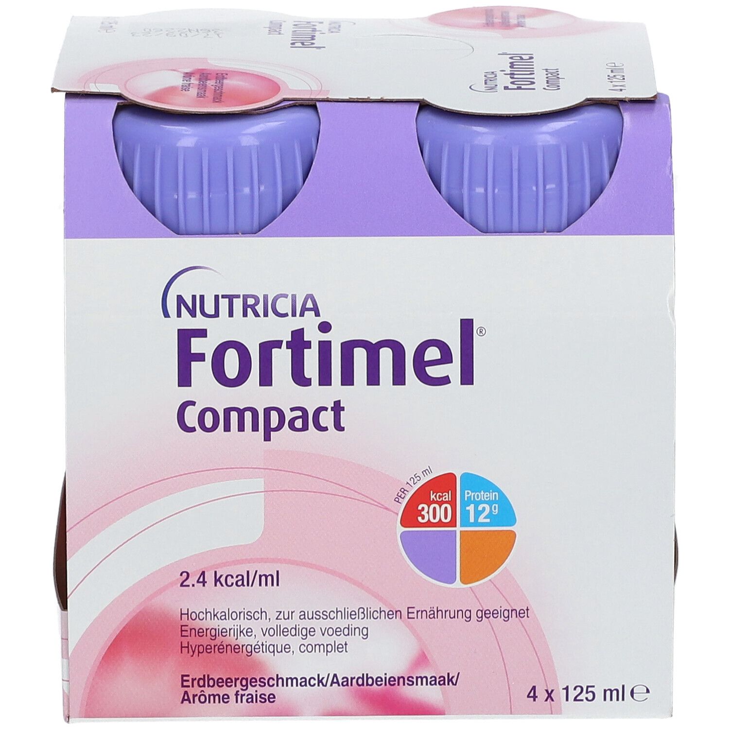 Emballage de quatre bouteilles Fortimel Compact. Bouteilles avec bouchons violets, étiquettes roses. Goût fraise.