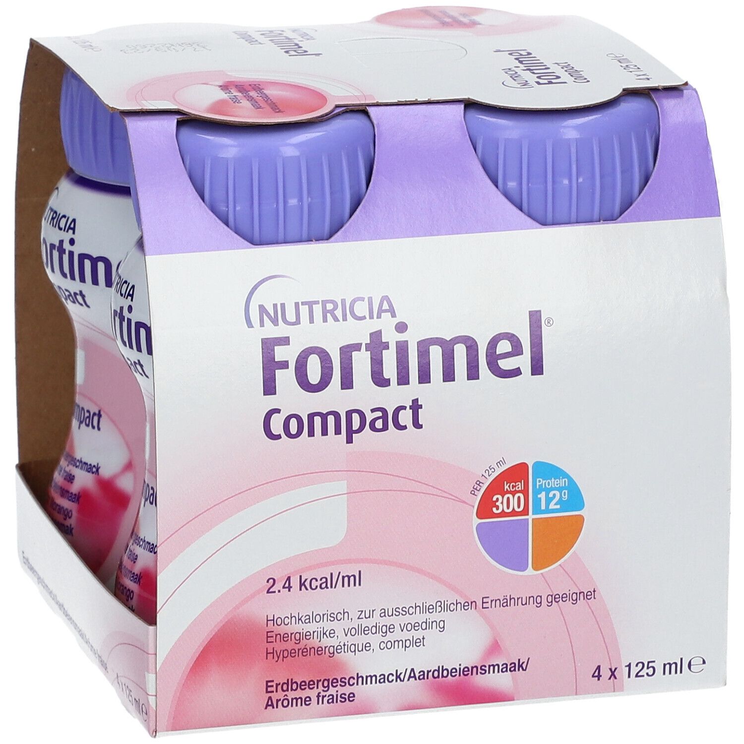 Emballage de quatre bouteilles Fortimel Compact. Bouteilles avec bouchons violets, étiquettes roses. Goût fraise.