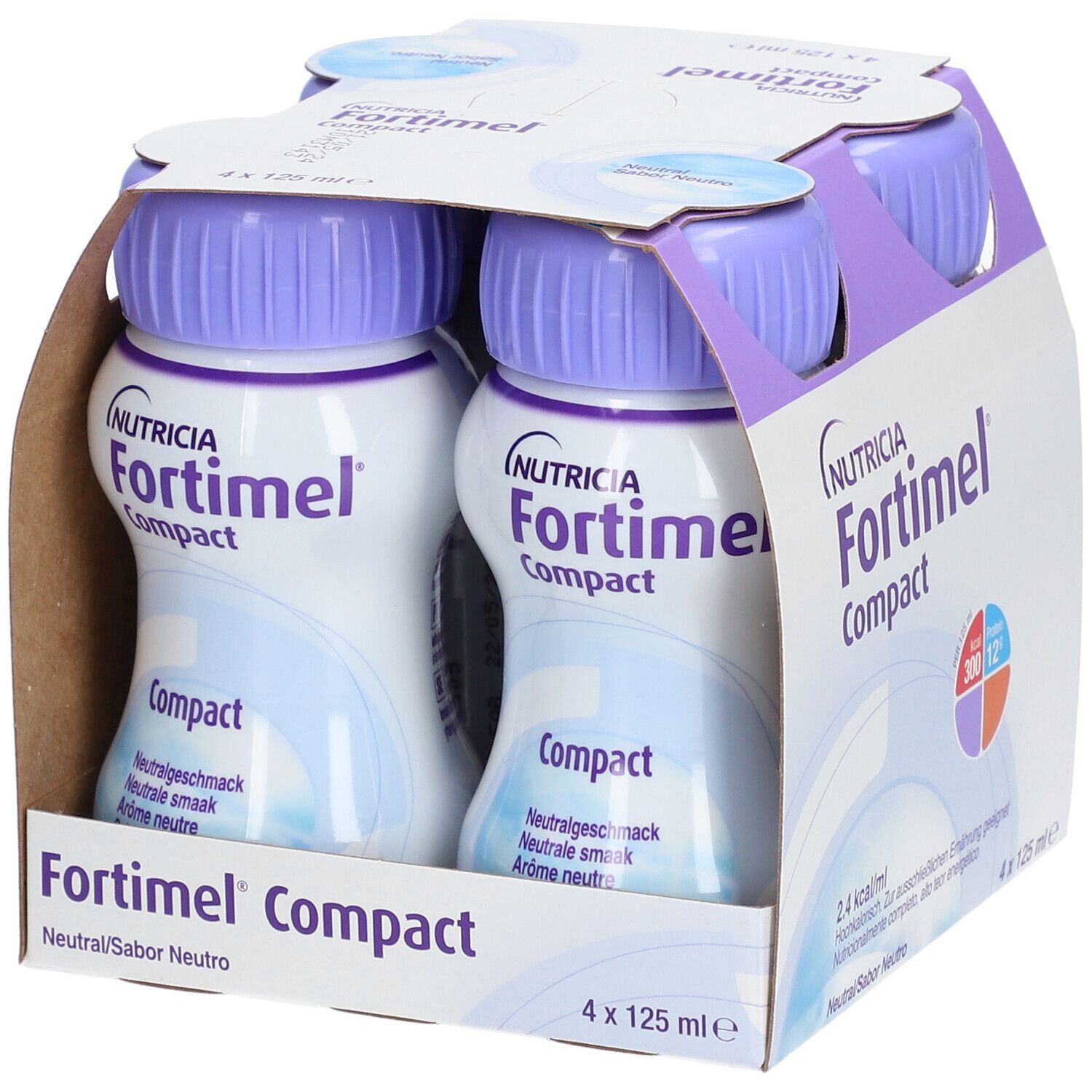 Packung mit vier Flaschen Fortimel Compact. Jede Flasche hat einen lila Deckel und enthält 125 ml. Aufdrucke: Nutricia, Compact.