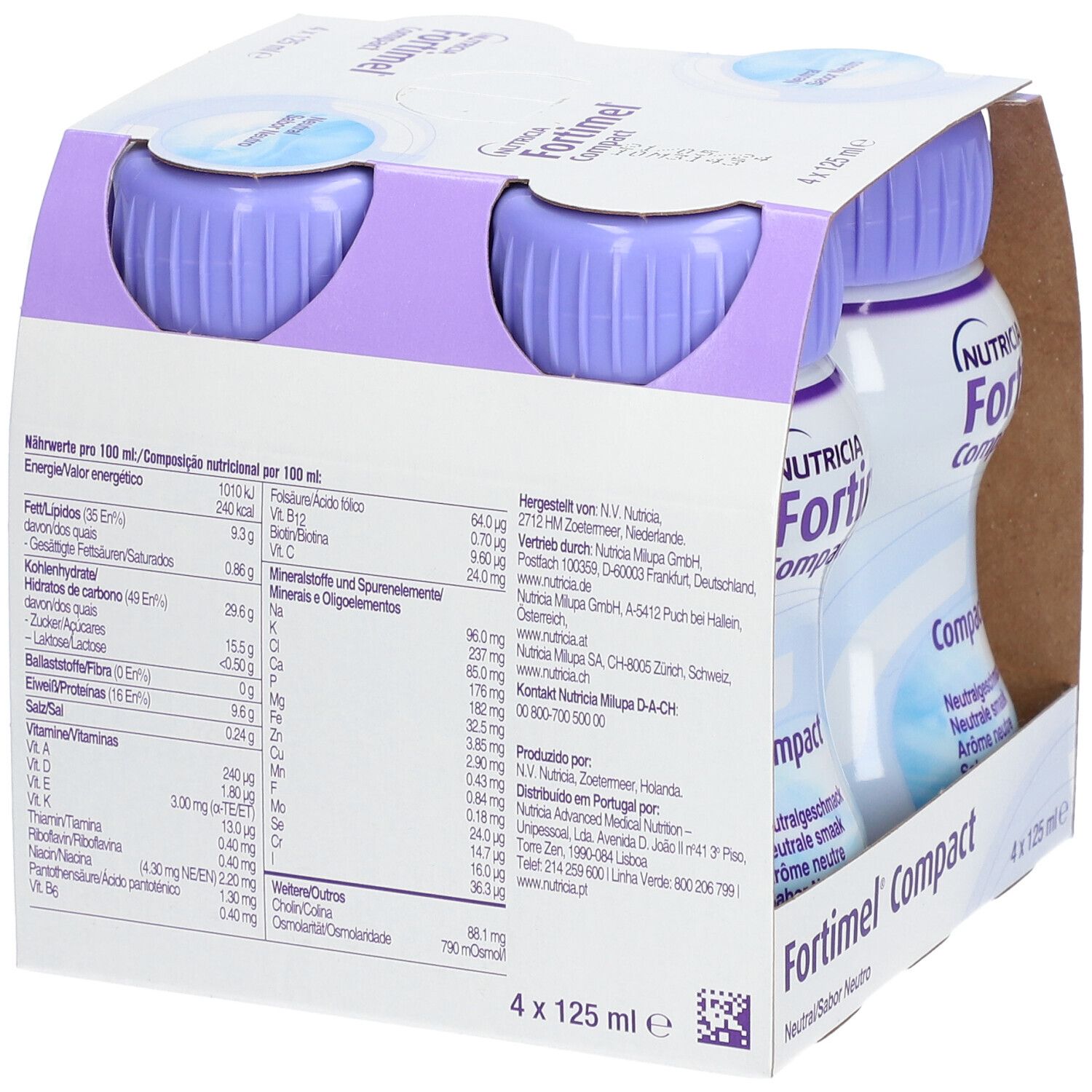 Rückseite der Packung mit Nährwertangaben für Fortimel Compact. Enthält Informationen pro 100 ml und Herstellerinformationen.