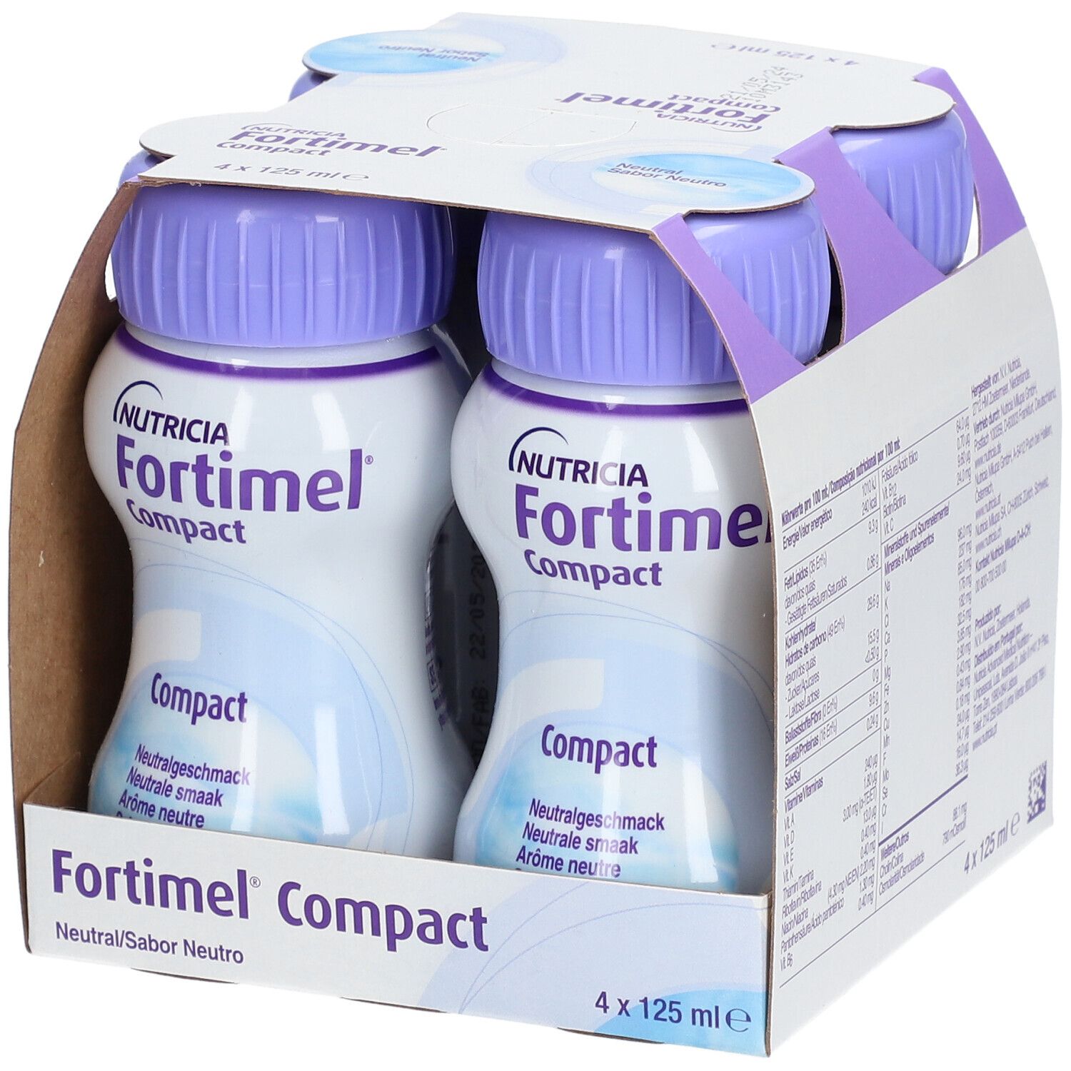 Packung mit vier Flaschen Fortimel Compact. Jede Flasche hat einen lila Deckel und enthält 125 ml. Aufdrucke: Nutricia, Compact.