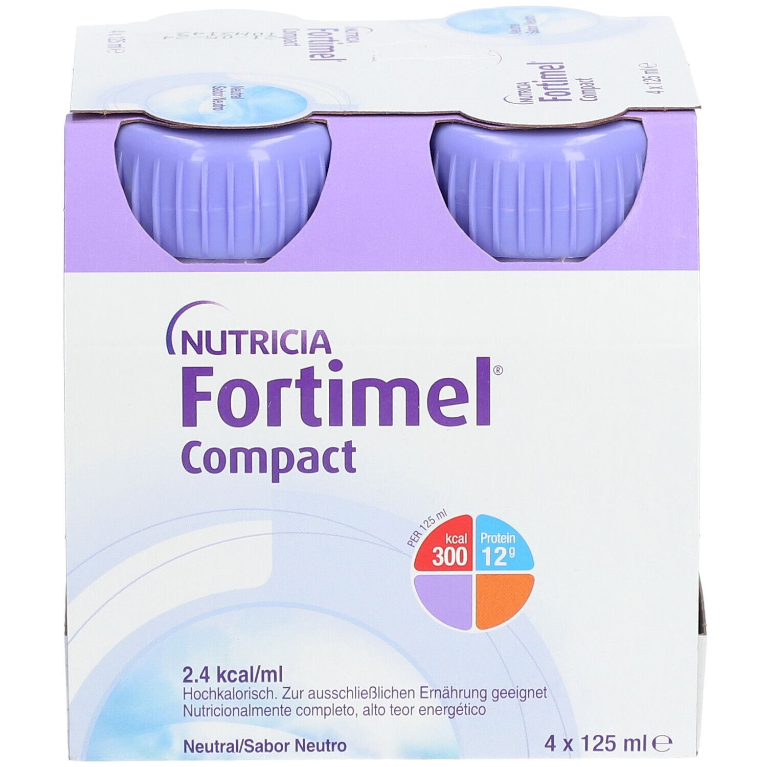 Packung mit vier Flaschen Fortimel Compact. Jede Flasche hat einen lila Deckel und enthält 125 ml. Aufdrucke: Nutricia, 2.4 kcal/ml, 300 kcal.