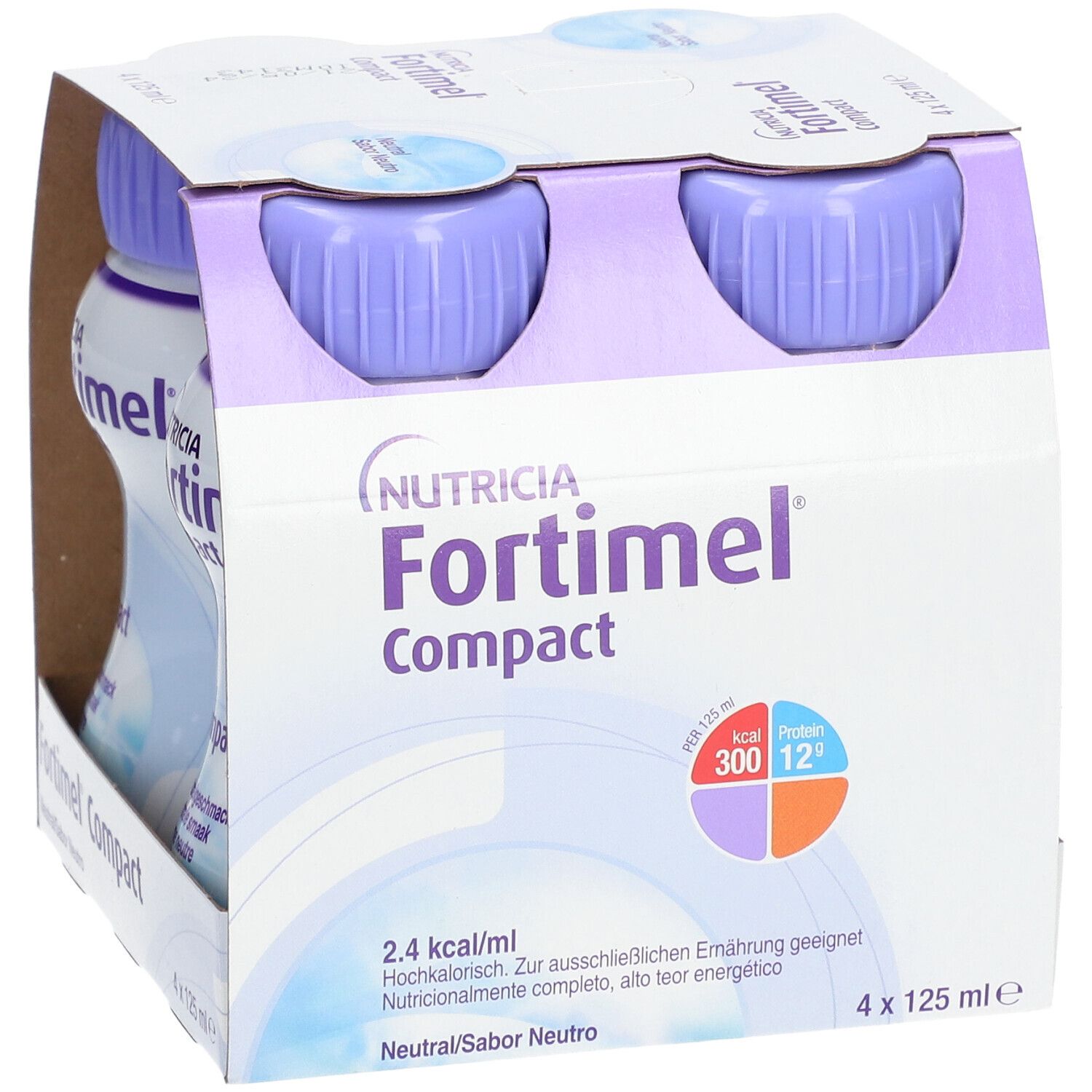 Packung mit vier Flaschen Fortimel Compact. Jede Flasche hat einen lila Deckel und enthält 125 ml. Aufdrucke: Nutricia, 2.4 kcal/ml, 300 kcal.