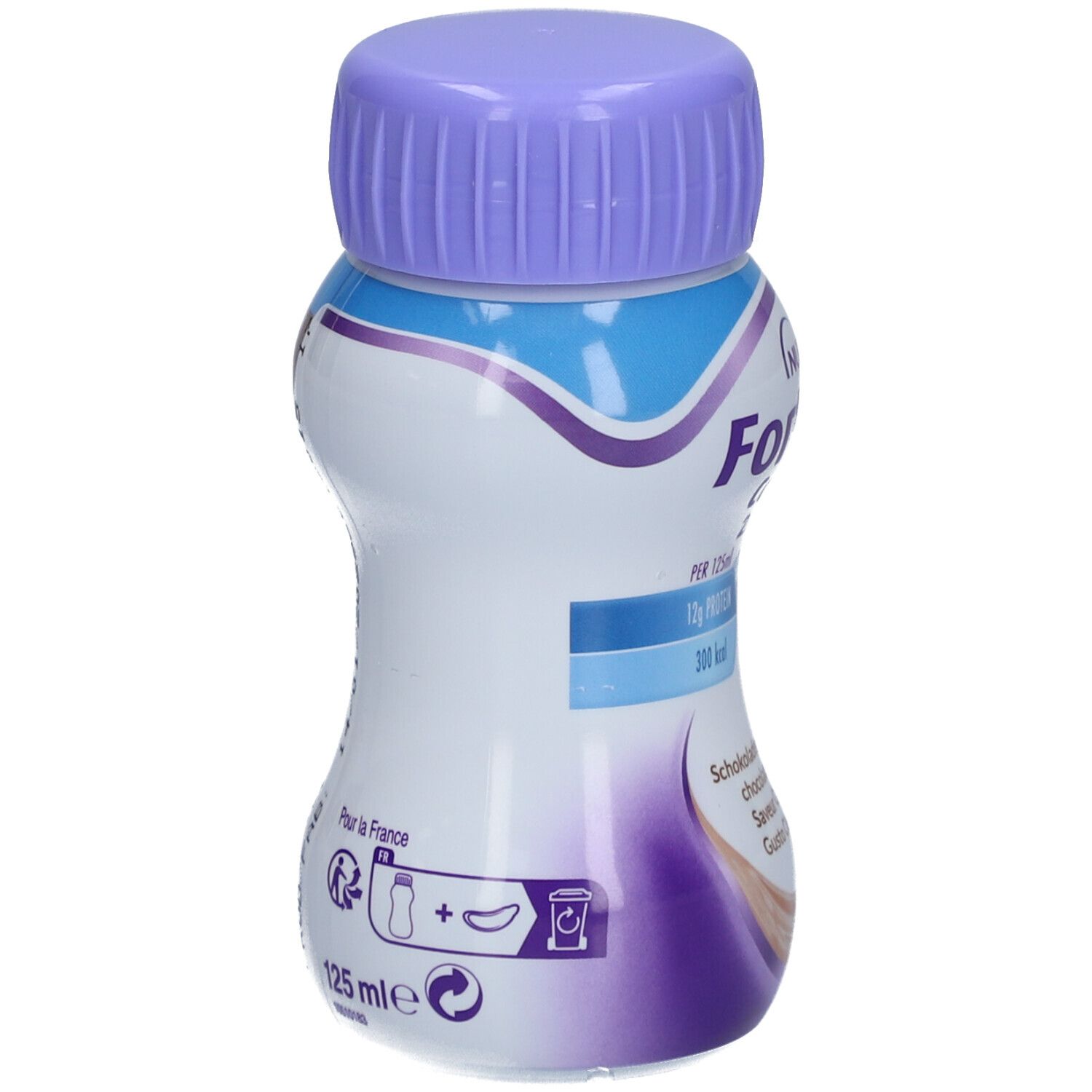 Fortimel Compact Flasche, Rückseite. Enthält 125 ml. Mit Informationen zu Inhaltsstoffen und Verwendungszweck.