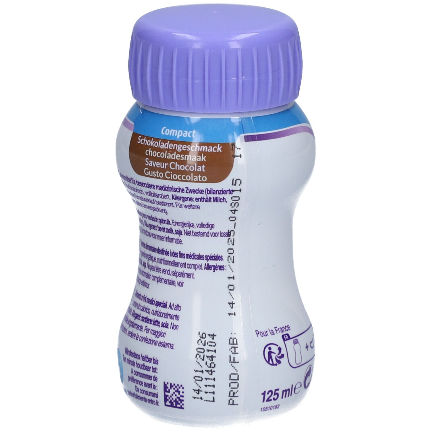 Fortimel Compact Flasche, Rückseite. Text mit Inhaltsstoffen, Mindesthaltbarkeit und Herstellerinformationen.