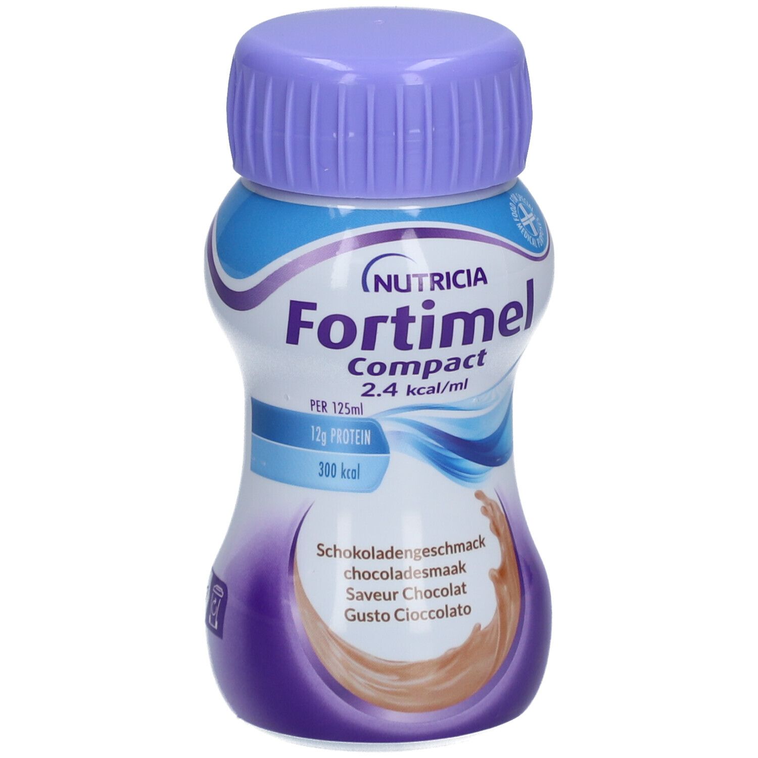 Fortimel Compact 2.4 Schokoladengeschmack. Flasche mit lila Deckel. Marke Nutricia. 12g Protein, 300 kcal.
