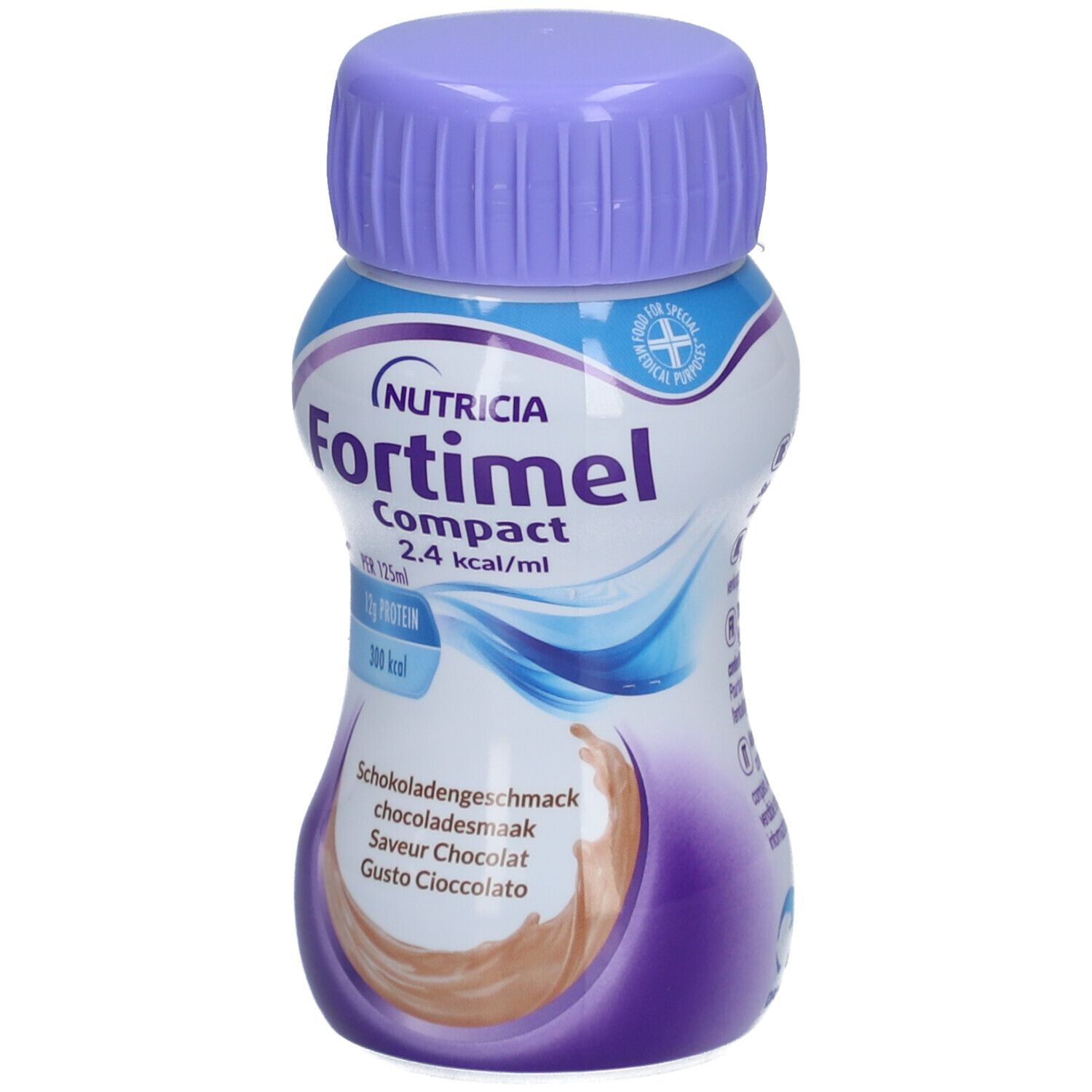 Fortimel Compact 2.4 Schokoladengeschmack. Flasche mit lila Deckel. Marke Nutricia. 12g Protein, 300 kcal.