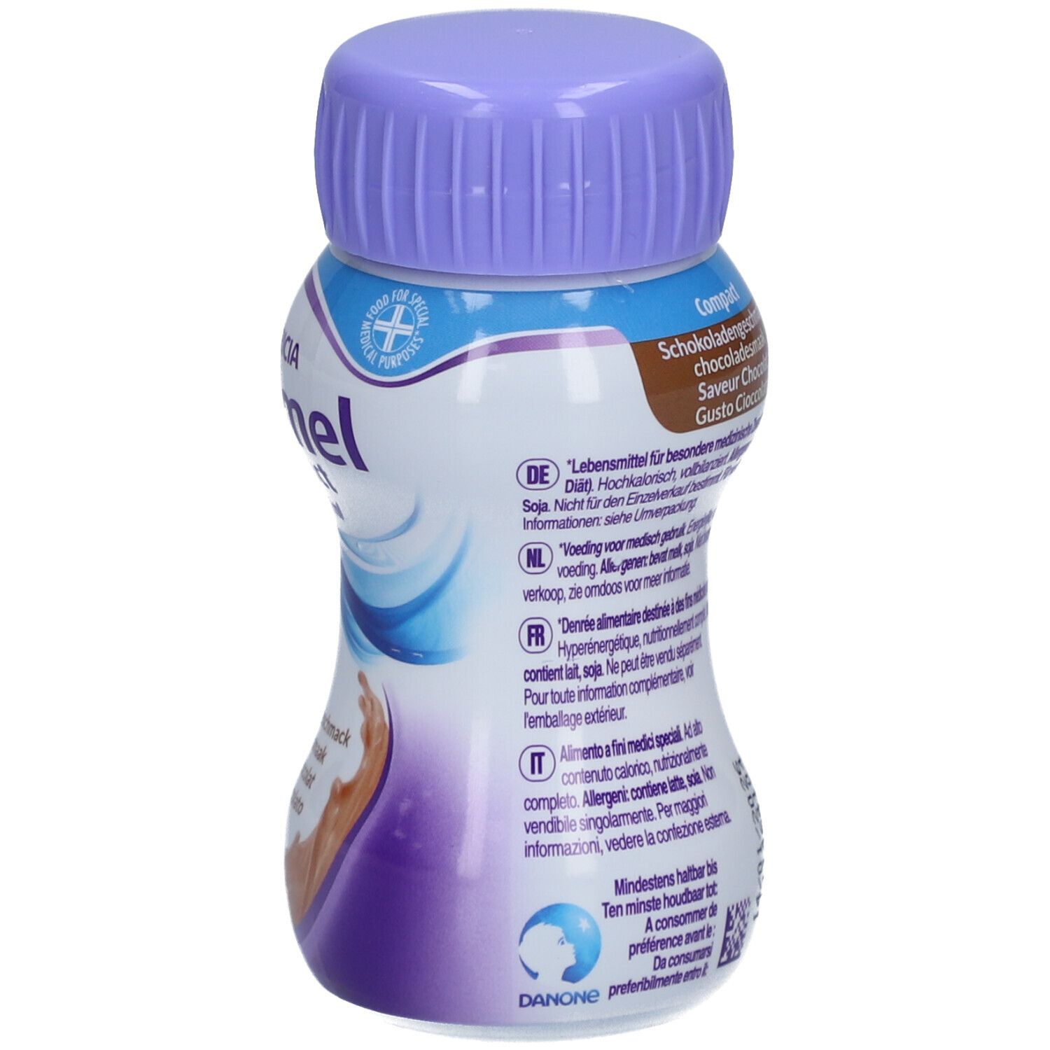 Fortimel Compact Flasche, Rückseite. Text mit Inhaltsstoffen, Mindesthaltbarkeit und Herstellerinformationen.