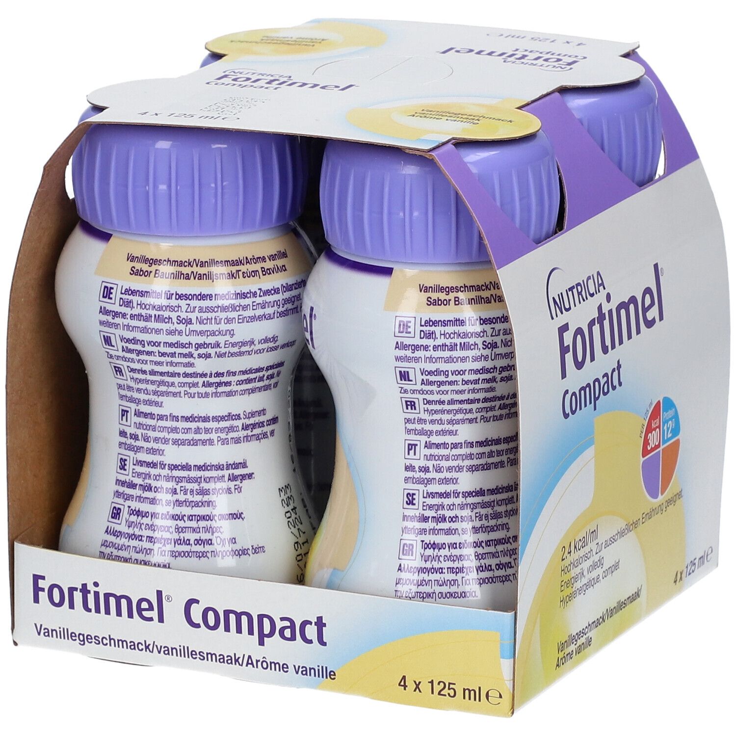 Packung mit vier Flaschen. Aufschrift: Fortimel Compact, Vanille. Flaschen mit lila Deckel. Rückseite mit Text.