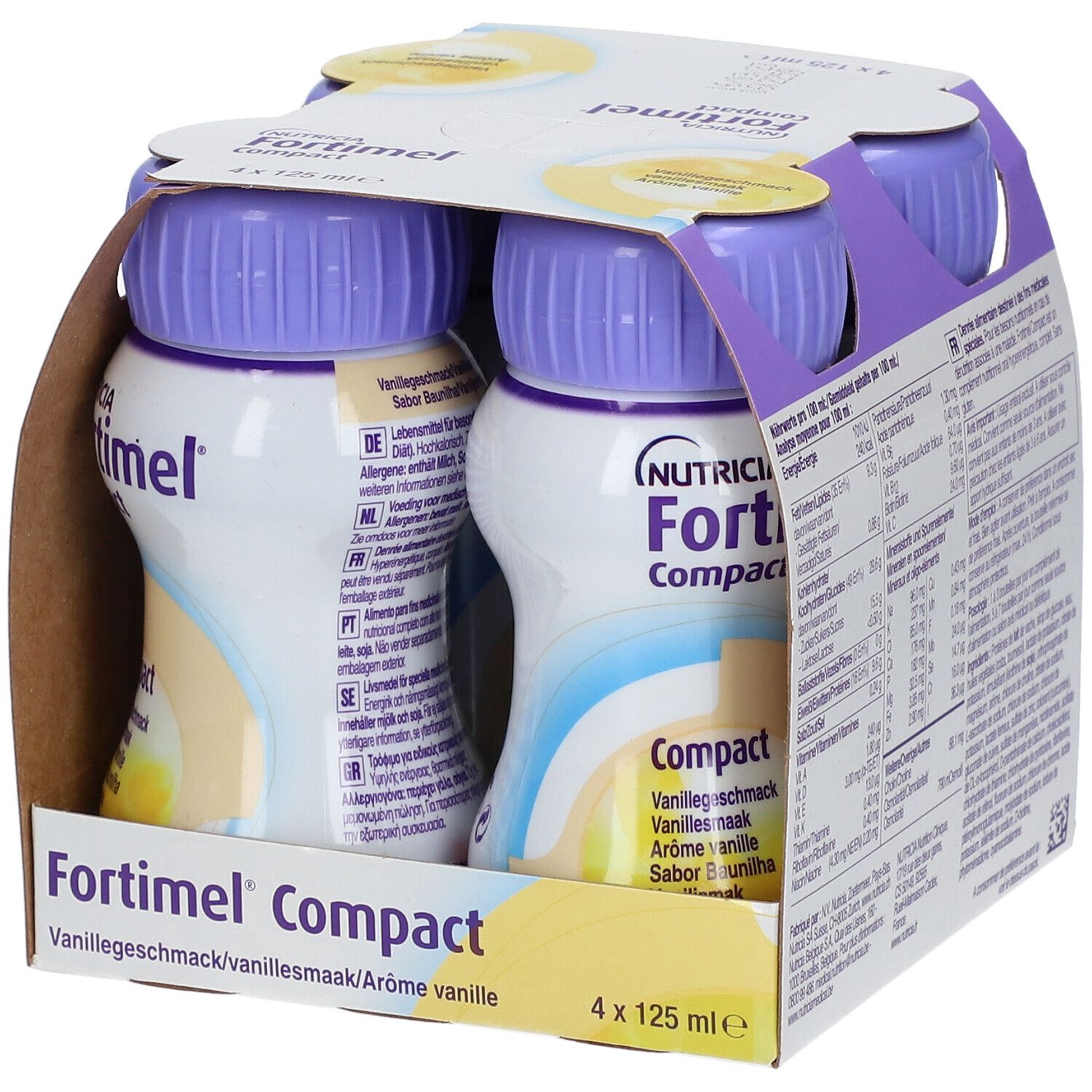Packung mit vier Flaschen. Aufschrift: Fortimel Compact, Vanille. Flaschen mit lila Deckel. Teilweise geöffnet.