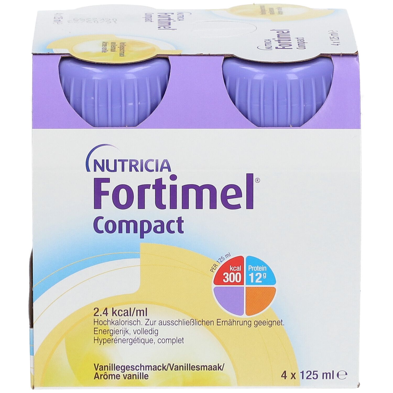 Packung mit vier Flaschen. Aufschrift: Fortimel Compact, Vanille. Flaschen mit lila Deckel. 2,4 kcal/ml.