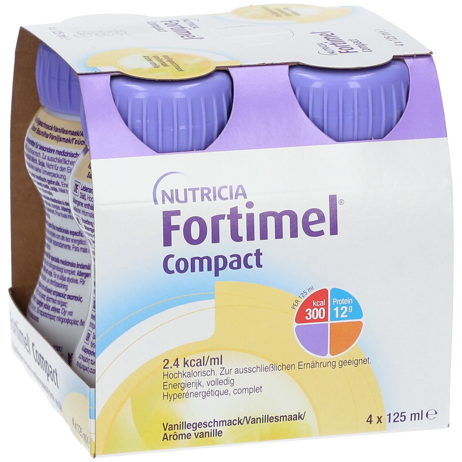 Packung mit vier Flaschen. Aufschrift: Fortimel Compact, Vanille. Flaschen mit lila Deckel. 2,4 kcal/ml.