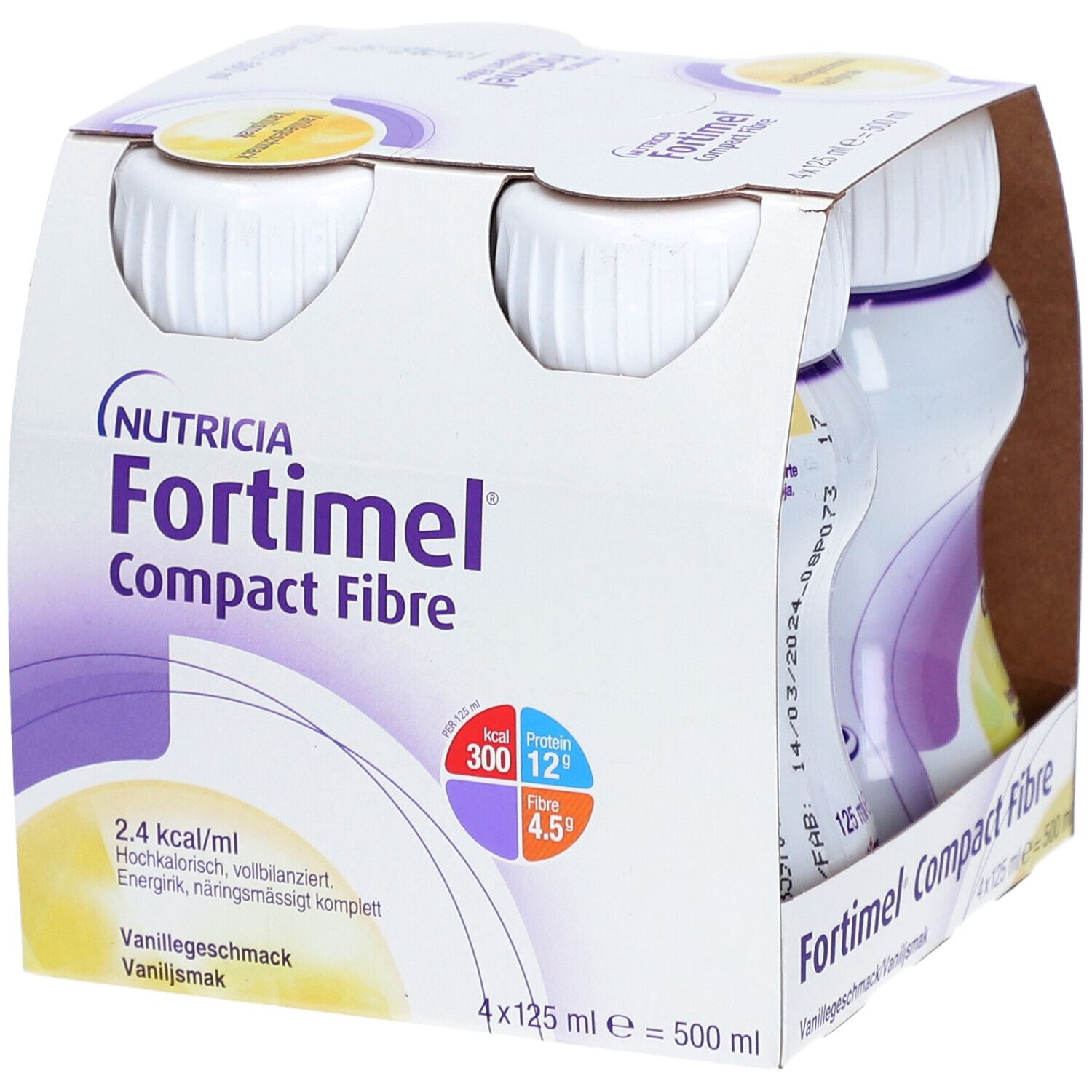 Packung mit vier Flaschen Fortimel Compact Fibre Vanille. Jede Flasche hat einen weißen Deckel und ein lila Etikett.