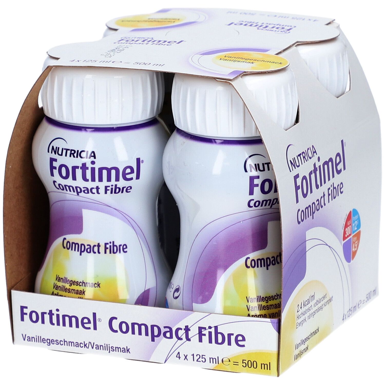 Packung mit vier Flaschen Fortimel Compact Fibre Vanille. Zwei Flaschen sind sichtbar, mit weißen Deckeln und lila Etiketten.