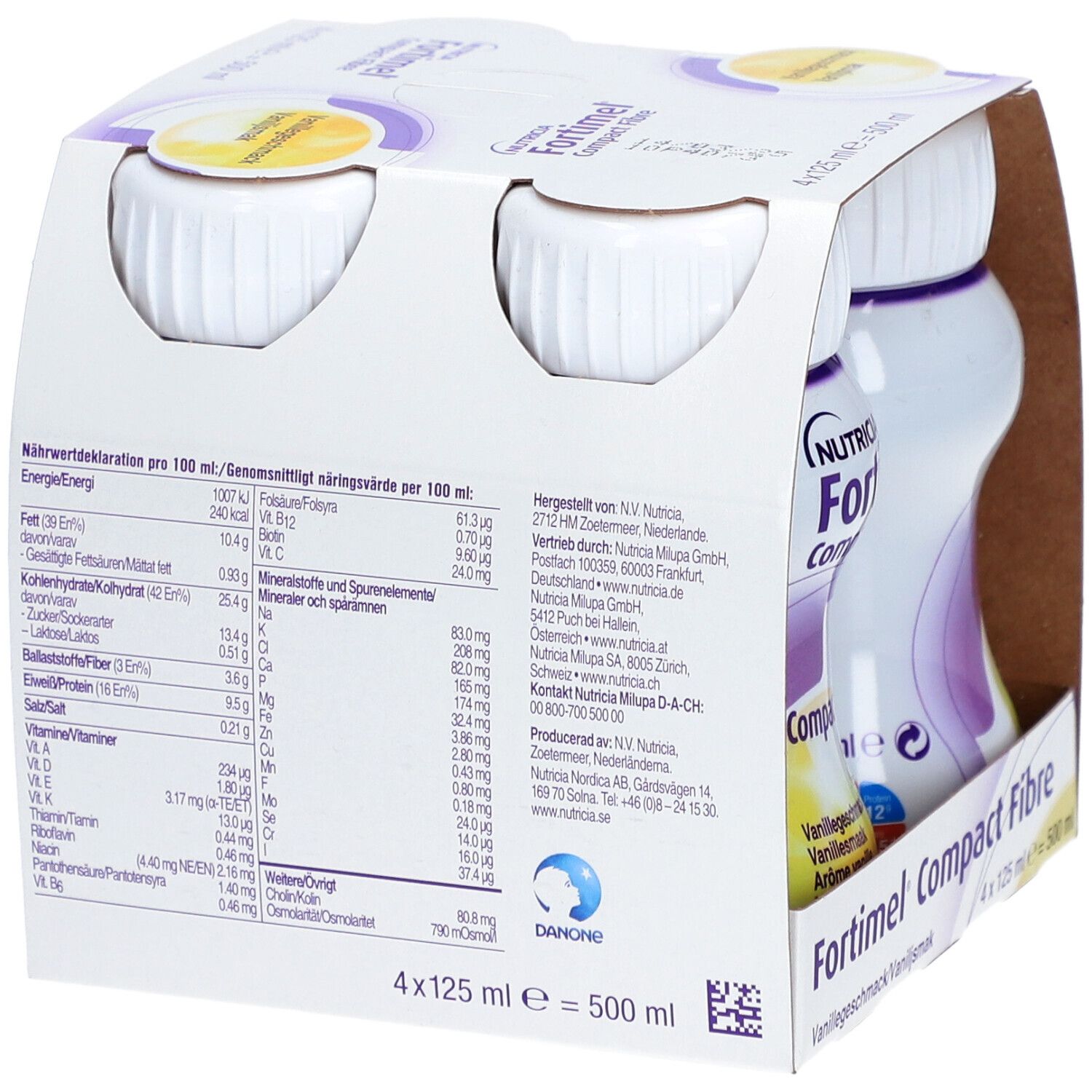 Packung mit vier Flaschen Fortimel Compact Fibre Vanille. Rückseite mit Nährwertinformationen und Herstellerangaben.