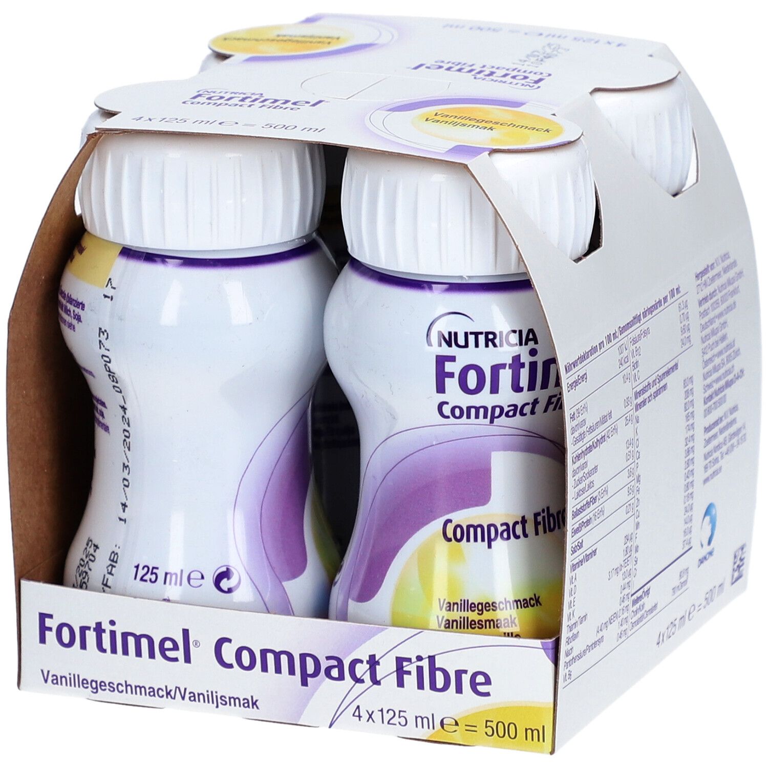 Packung mit vier Flaschen Fortimel Compact Fibre Vanille. Zwei Flaschen sind sichtbar, mit weißen Deckeln und lila Etiketten.